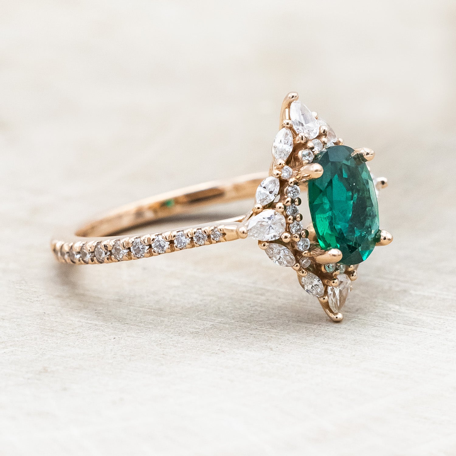 "North Star" - Oval Lab-Grown Emerald Engagement Ring With Diamond Halo & Black Diamond Accents-Staghead Designs