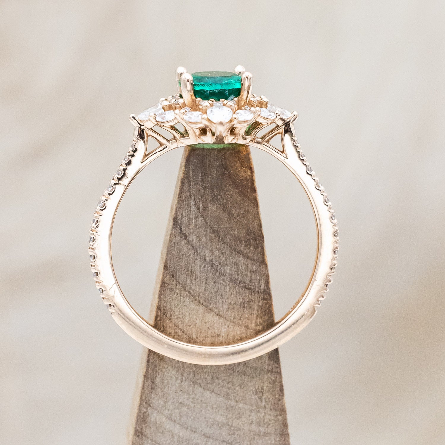 "North Star" - Oval Lab-Grown Emerald Engagement Ring With Diamond Halo & Black Diamond Accents-Staghead Designs