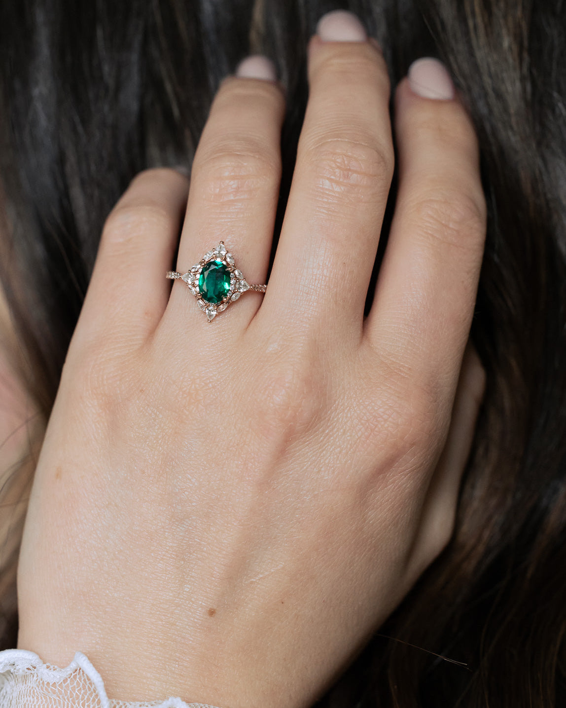 "NORTH STAR" - OVAL CUT CENTER STONE ENGAGEMENT RING WITH DIAMOND HALO & ACCENTS-Staghead Designs