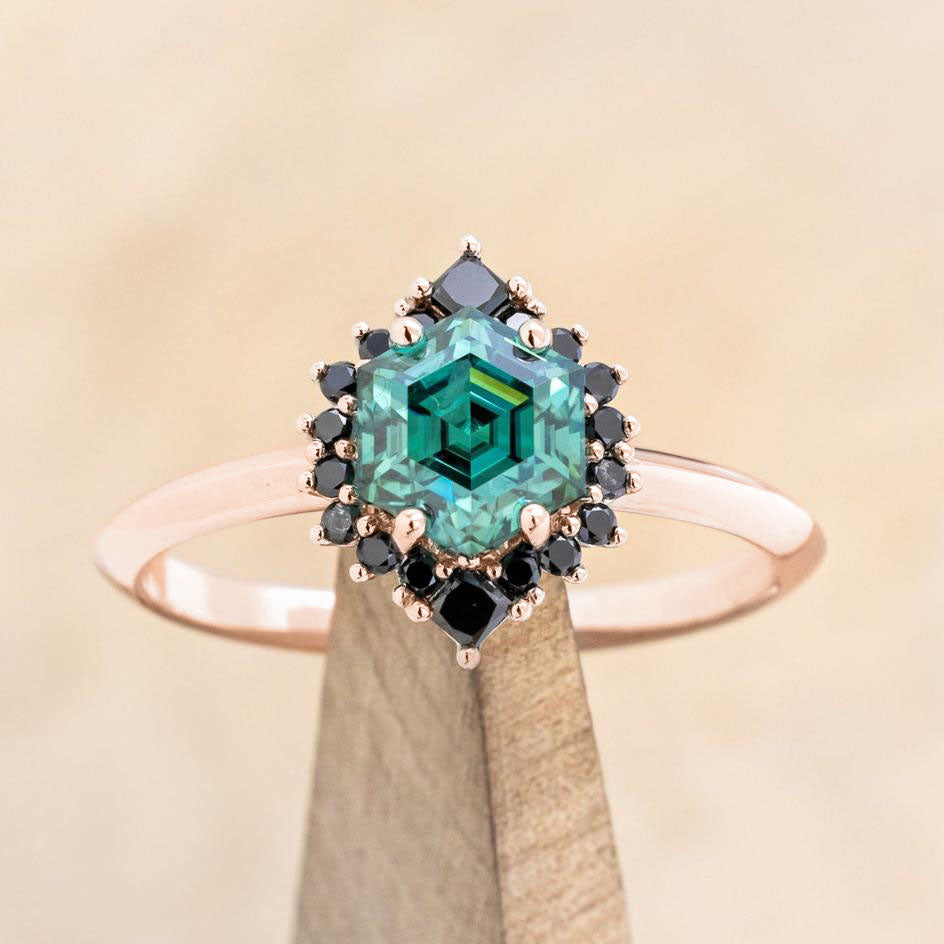 "NEREZZA" - HEXAGON CUT ENGAGEMENT RING WITH A BLACK DIAMOND HALO-Staghead Designs