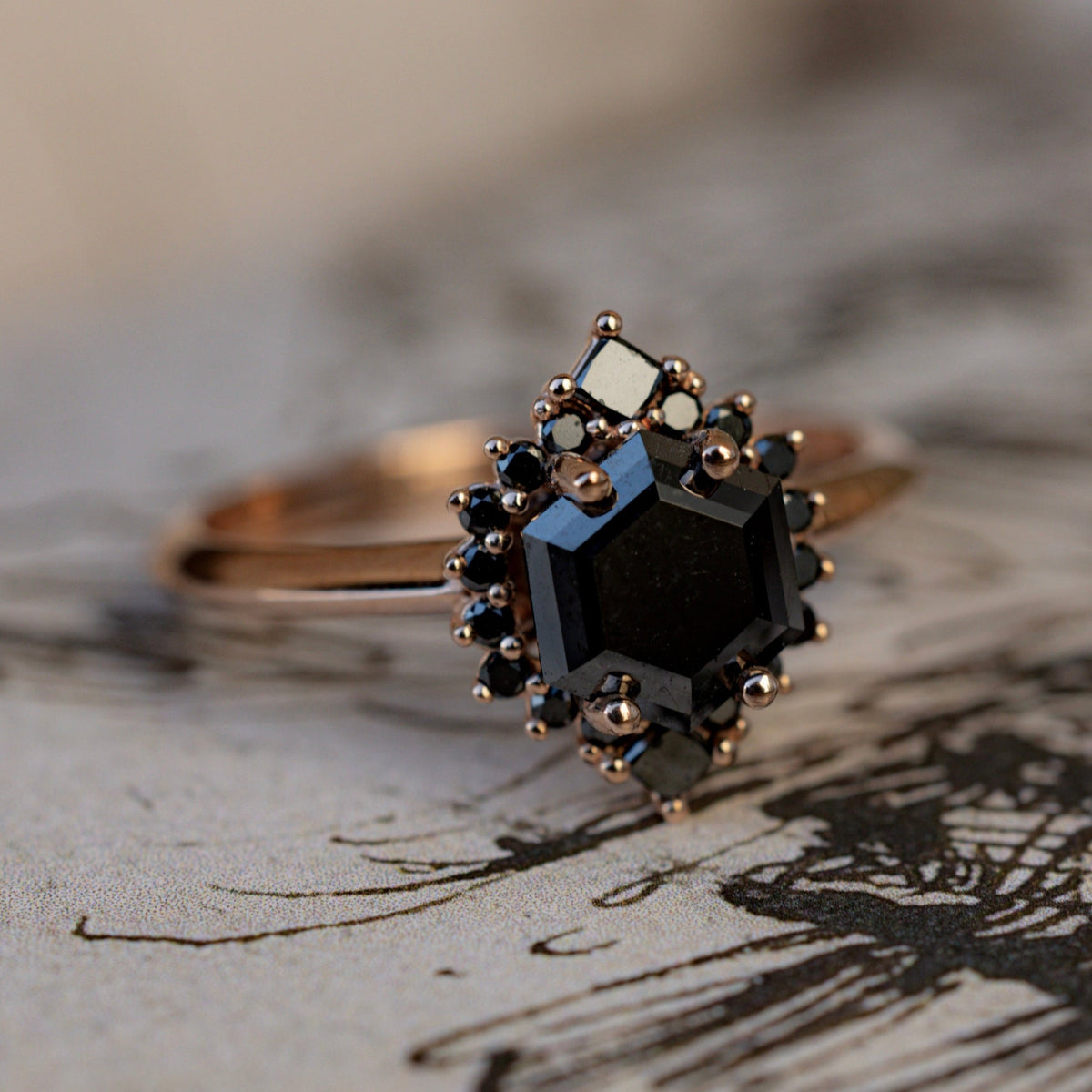 "Nerezza" - Hexagon Cut Engagement Ring With A Black Diamond Halo-Staghead Designs