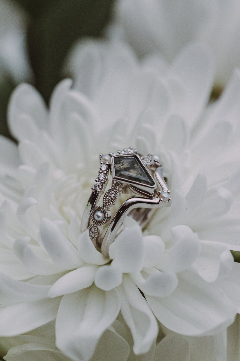 "BIANCA" - BRIDAL SUITE - KITE CUT MOSS AGATE ENGAGEMENT RING WITH PEARLS & DIAMOND ACCENTS-39