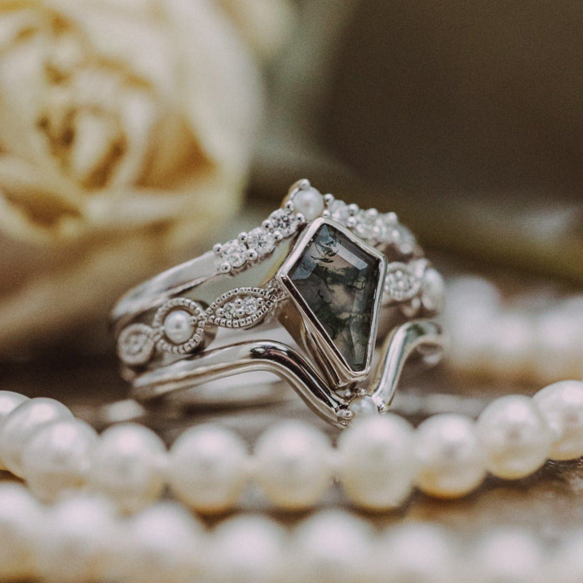 "BIANCA" - BRIDAL SUITE - KITE CUT MOSS AGATE ENGAGEMENT RING WITH PEARLS & DIAMOND ACCENTS-38