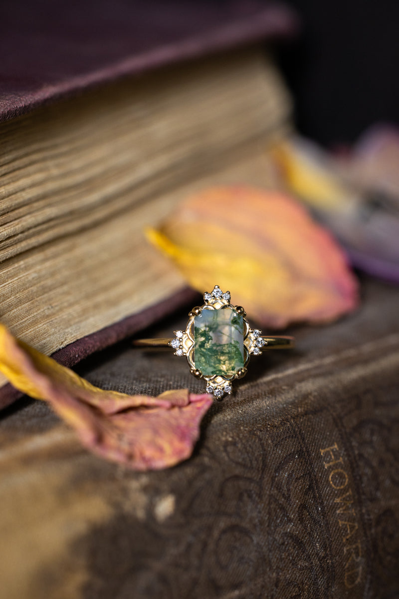 "TREVA" - EMERALD CUT MOSS AGATE ENGAGEMENT RING WITH DIAMOND ACCENTS-7