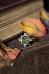 "AZALEA" - OVAL MOSS AGATE ENGAGEMENT RING WITH DIAMOND HALO - 14K YELLOW GOLD - SIZE 7-6