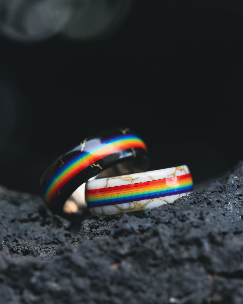 "HAVEN" - PRIDE INSPIRED WEDDING BAND WITH WHITE & GOLD TRUSTONE