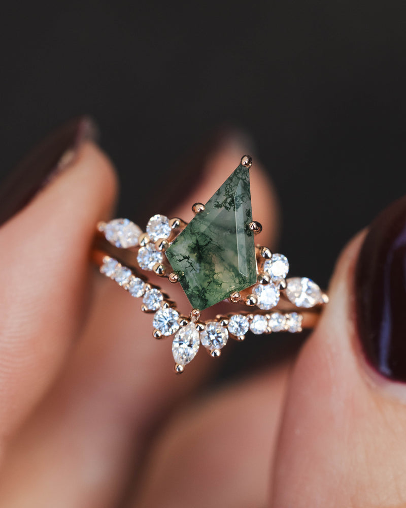 "SAGE" - KITE CUT MOSS AGATE ENGAGEMENT RING WITH DIAMOND ACCENTS & DIAMOND TRACER-Staghead Designs