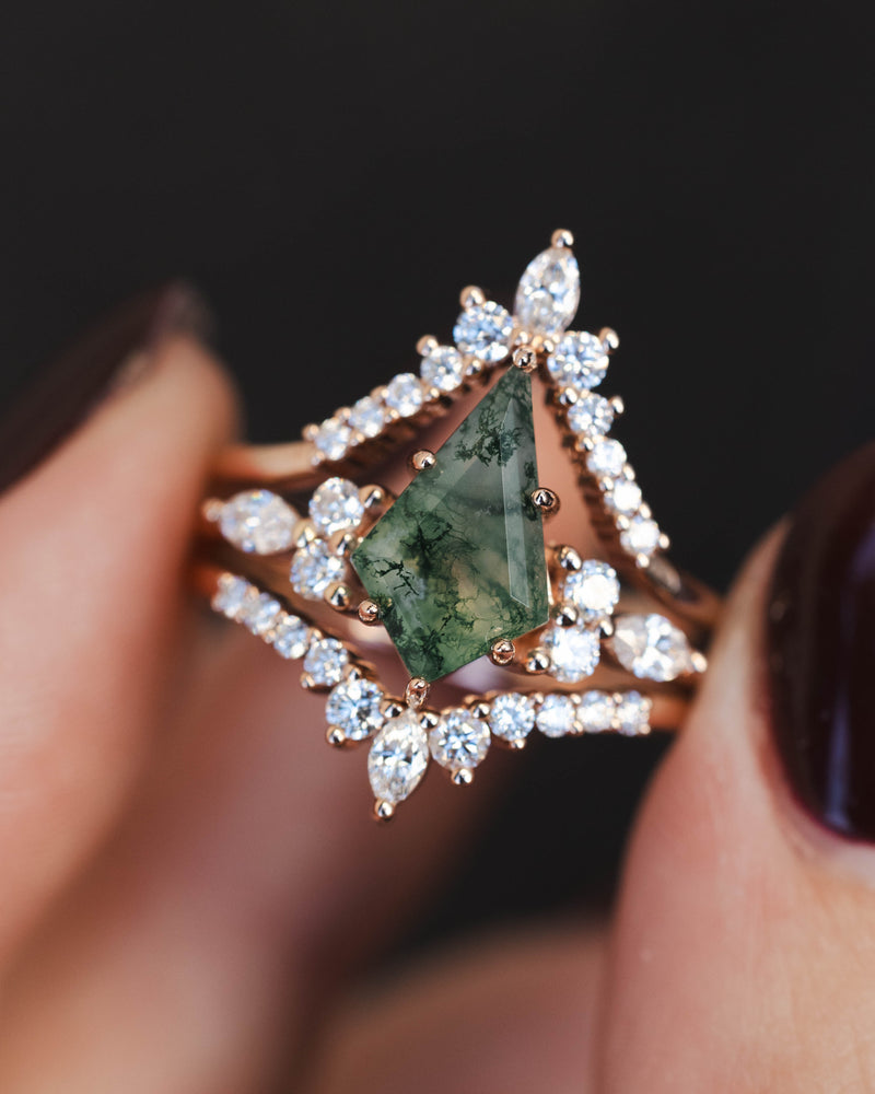 "SAGE" - BRIDAL SUITE - KITE CUT MOSS AGATE ENGAGEMENT RING WITH DIAMOND ACCENTS & TRACERS-Staghead Designs