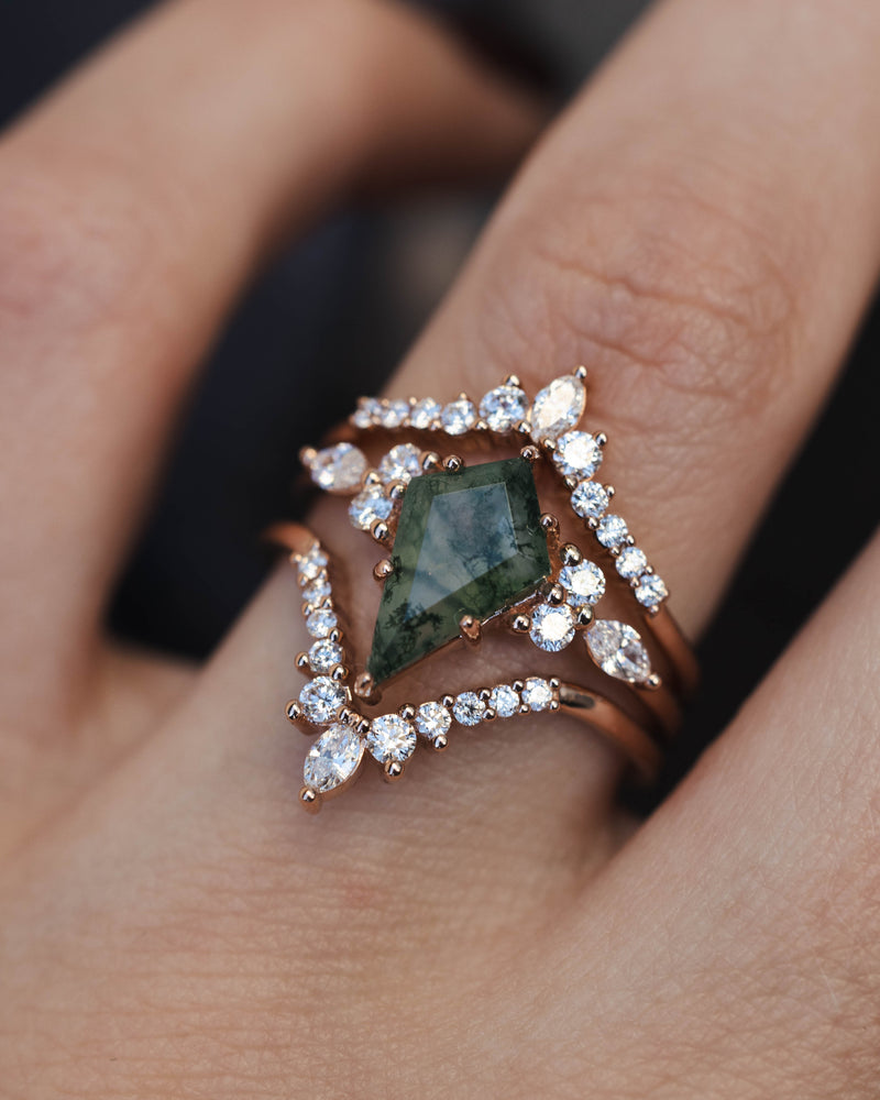 "SAGE" - BRIDAL SUITE - KITE CUT MOSS AGATE ENGAGEMENT RING WITH DIAMOND ACCENTS & TRACERS-Staghead Designs