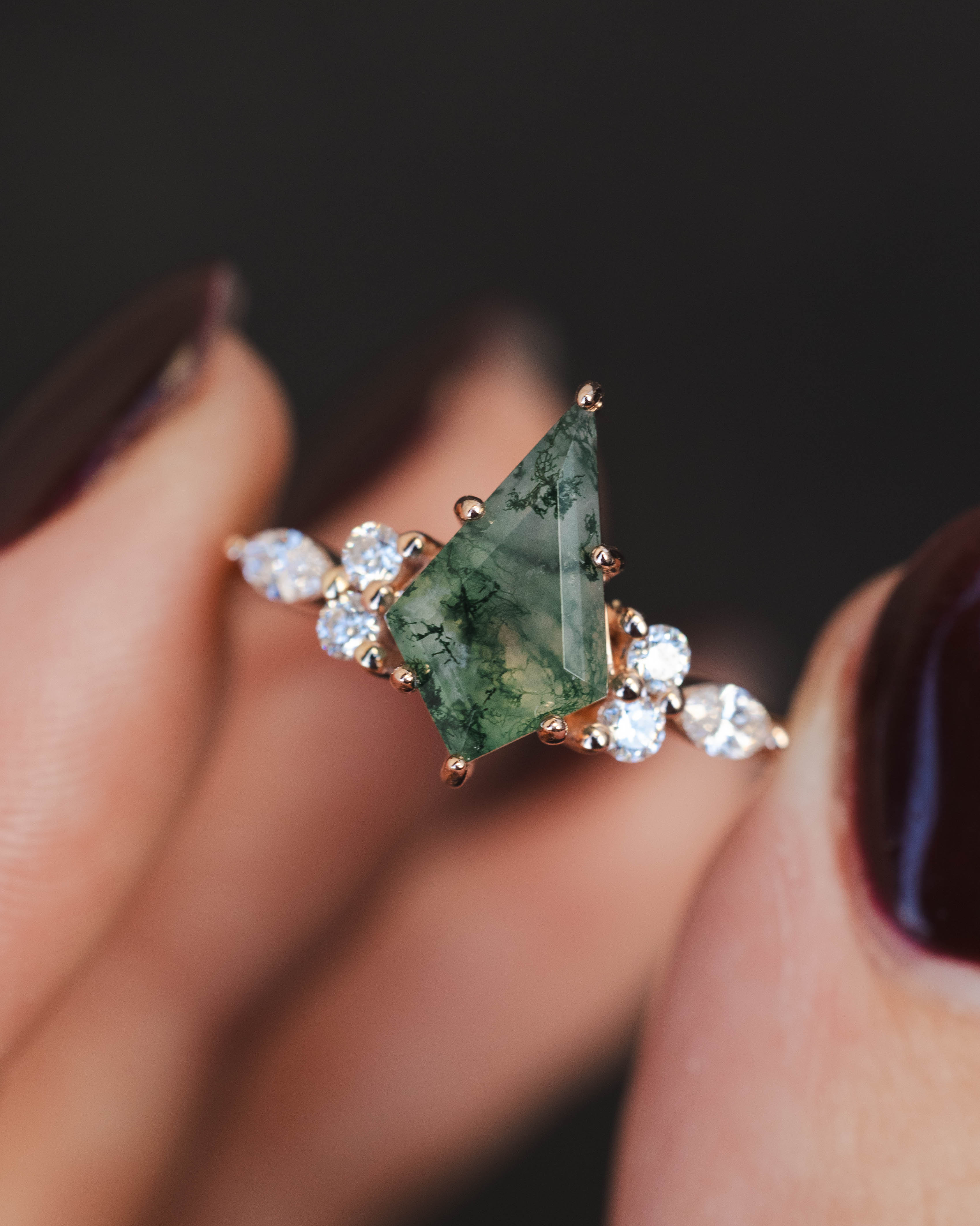 "SAGE" - KITE CUT MOSS AGATE ENGAGEMENT RING WITH DIAMOND ACCENTS & DIAMOND TRACER-Staghead Designs