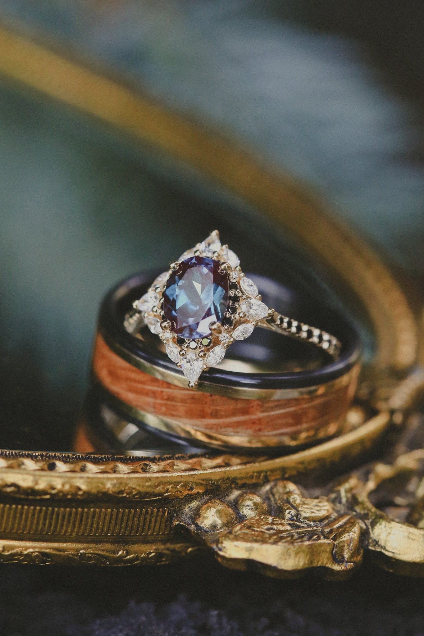 "NORTH STAR" - OVAL LAB-GROWN ALEXANDRITE ENGAGEMENT RING WITH DIAMOND HALO & BLACK DIAMOND ACCENTS-19