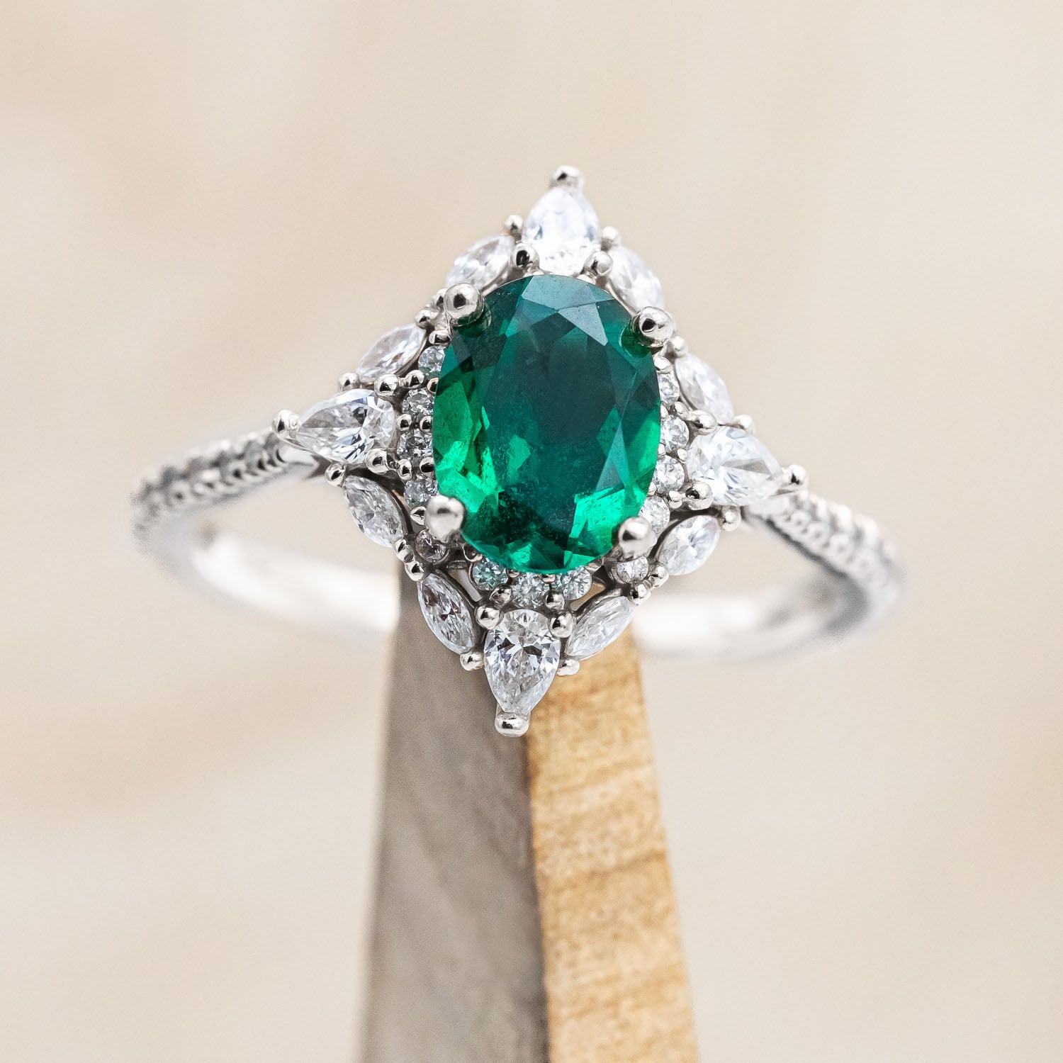 "NORTH STAR" - OVAL CUT ENGAGEMENT RING WITH DIAMOND HALO & ACCENTS-Staghead Designs