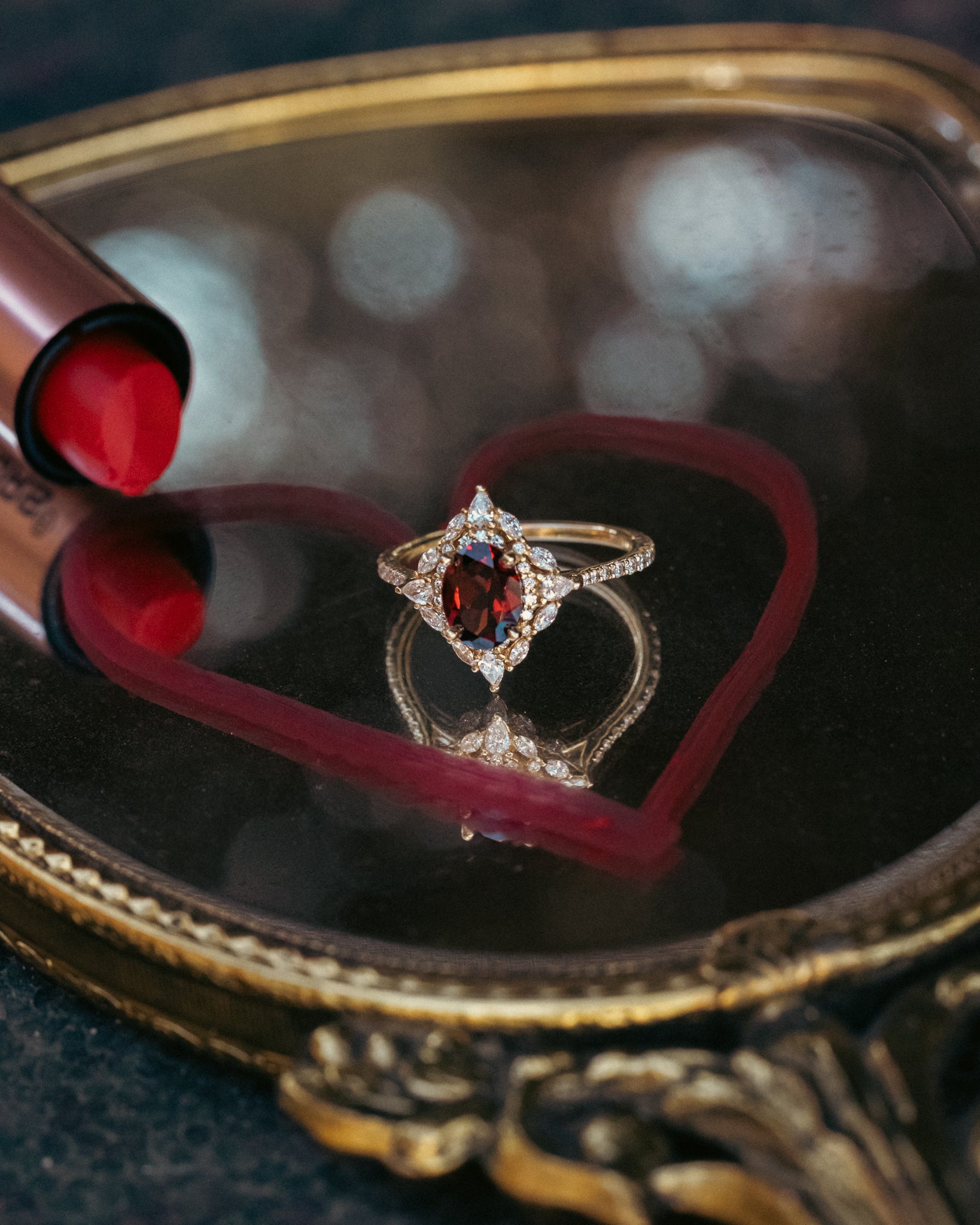 "North Star" - Oval Garnet Engagement Ring With Black Or White Diamond Halo & Accents-Staghead Designs