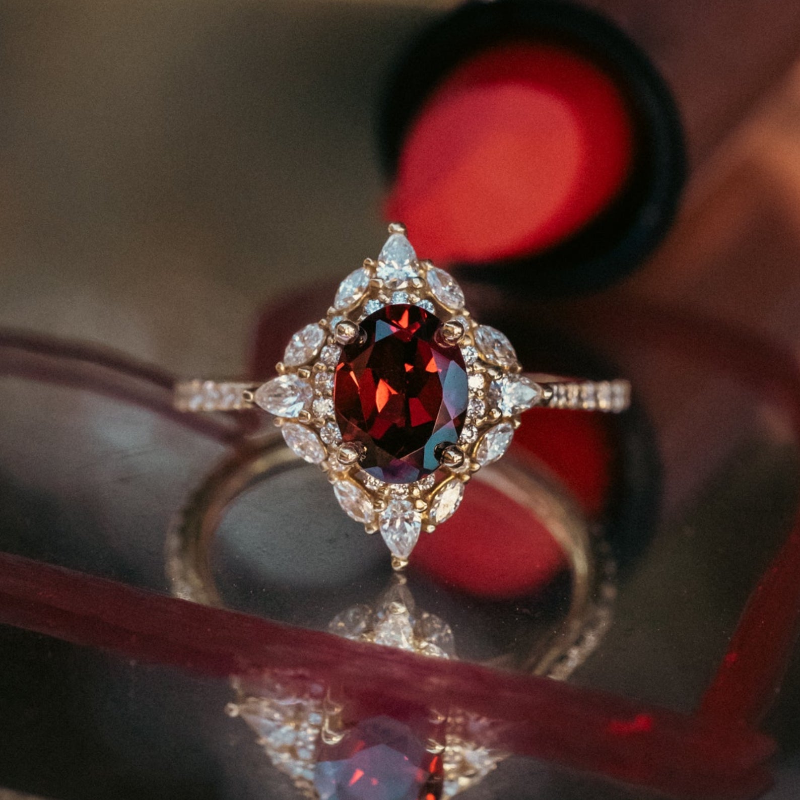 "North Star" - Oval Garnet Engagement Ring With Black Or White Diamond Halo & Accents-Staghead Designs