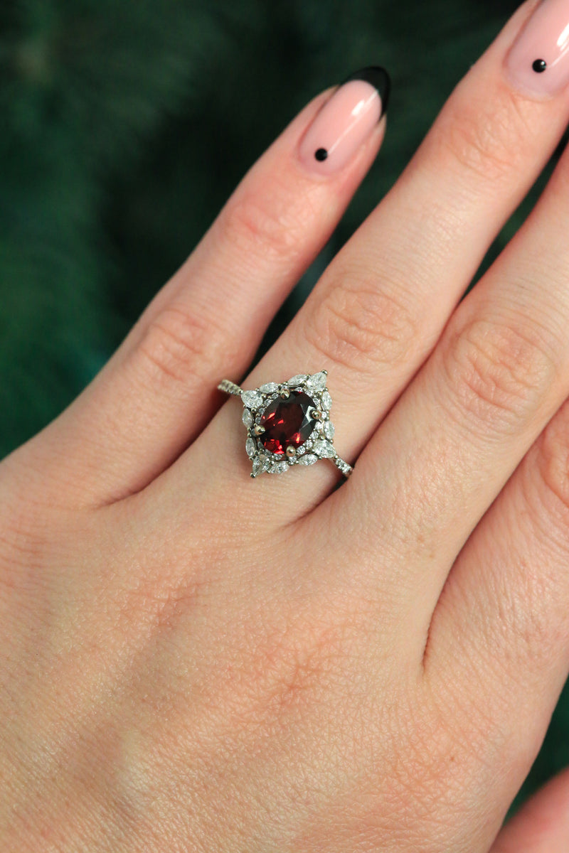"NORTH STAR" - OVAL GARNET ENGAGEMENT RING WITH DIAMOND HALO - READY TO SHIP