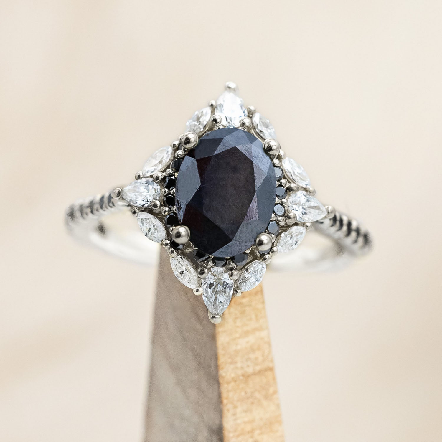 "NORTH STAR" - OVAL CUT ENGAGEMENT RING WITH DIAMOND HALO & ACCENTS-Staghead Designs