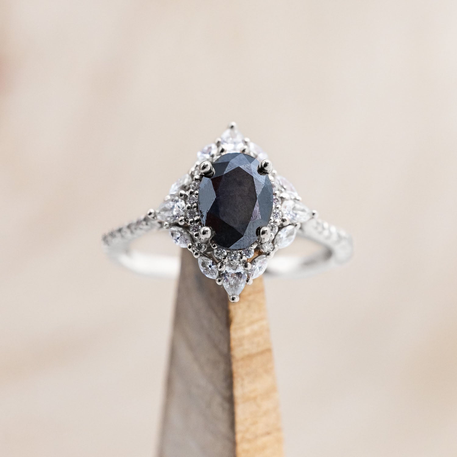 "NORTH STAR" - OVAL CUT ENGAGEMENT RING WITH DIAMOND HALO & ACCENTS-Staghead Designs