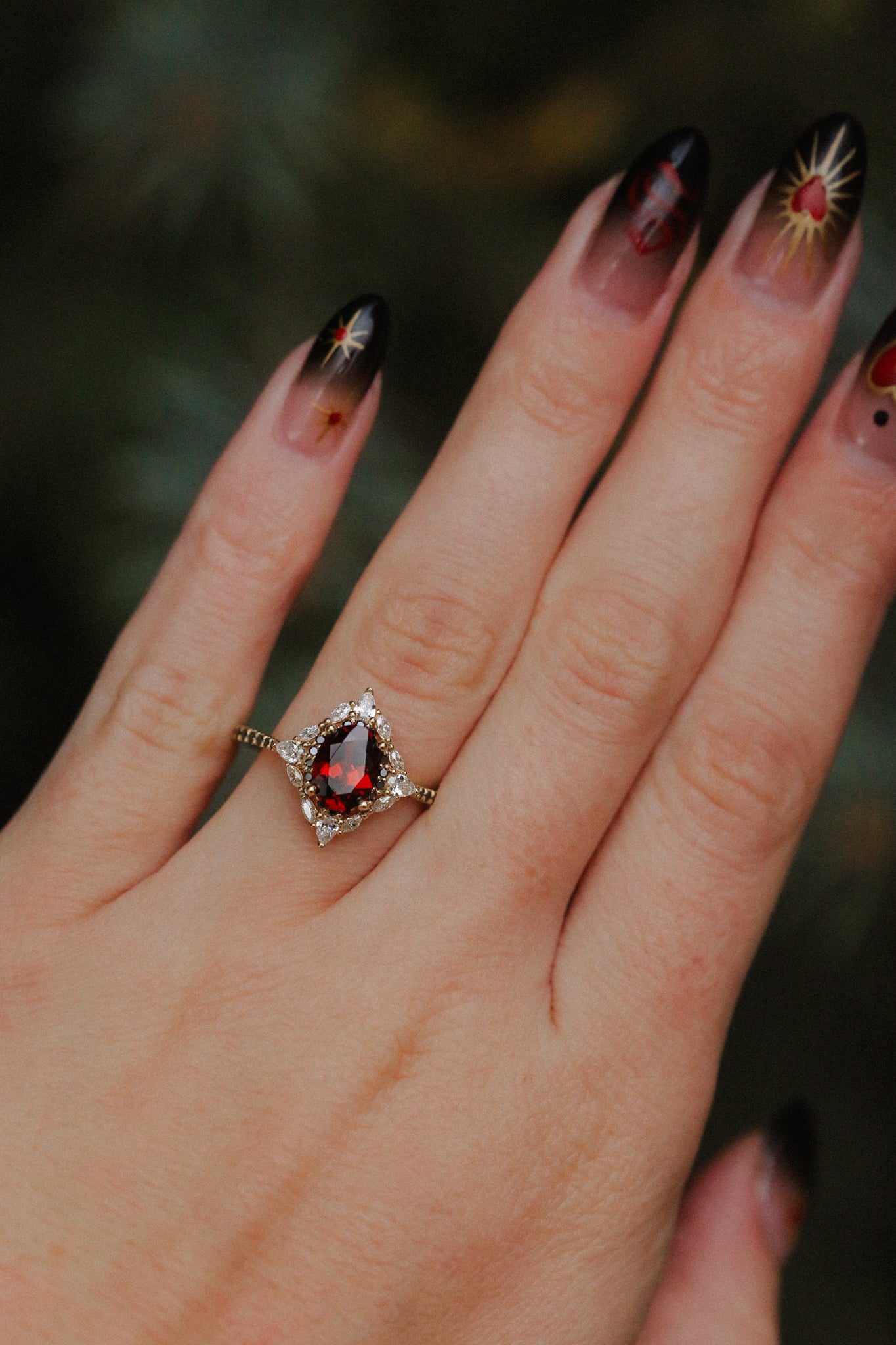 "North Star" - Oval Garnet Engagement Ring With Black Or White Diamond Halo & Accents-Staghead Designs