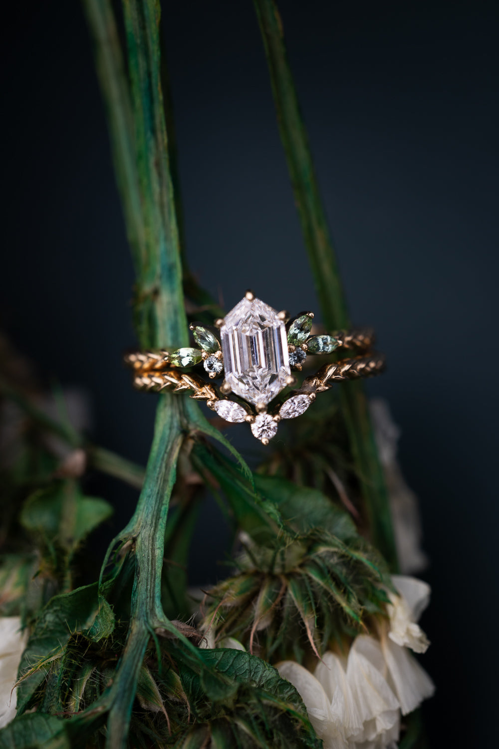 ONE-OF-A-KIND - "LAUREL" - ELONGATED HEXAGON CUT LAB-GROWN DIAMOND ENGAGEMENT RING WITH TOURMALINE & SAPPHIRE ACCENTS-Staghead Designs