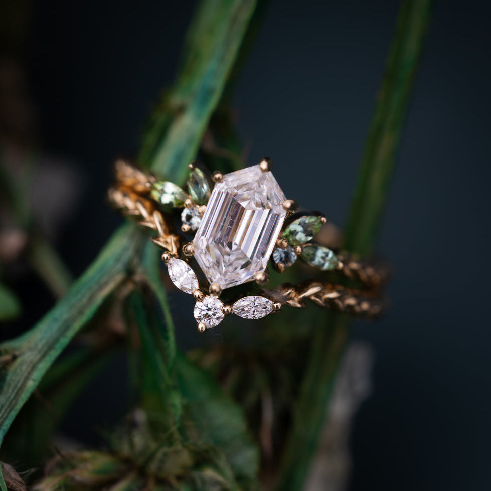 "LAUREL" - VINE-INSPIRED ENGAGEMENT RING FEATURING SEA FOAM TOURMALINE & MONTANA SAPPHIRE ACCENTS WITH DIAMOND STACKING BAND - MOUNTING ONLY - SELECT YOUR OWN STONE-Staghead Designs