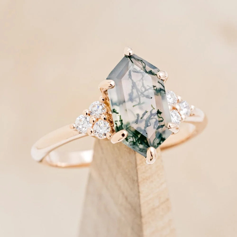 "Octavia" - Elongated Hexagon Cut Moss Agate Engagement Ring With Diamond Accents - 14K Rose Gold - Size 7 1/4