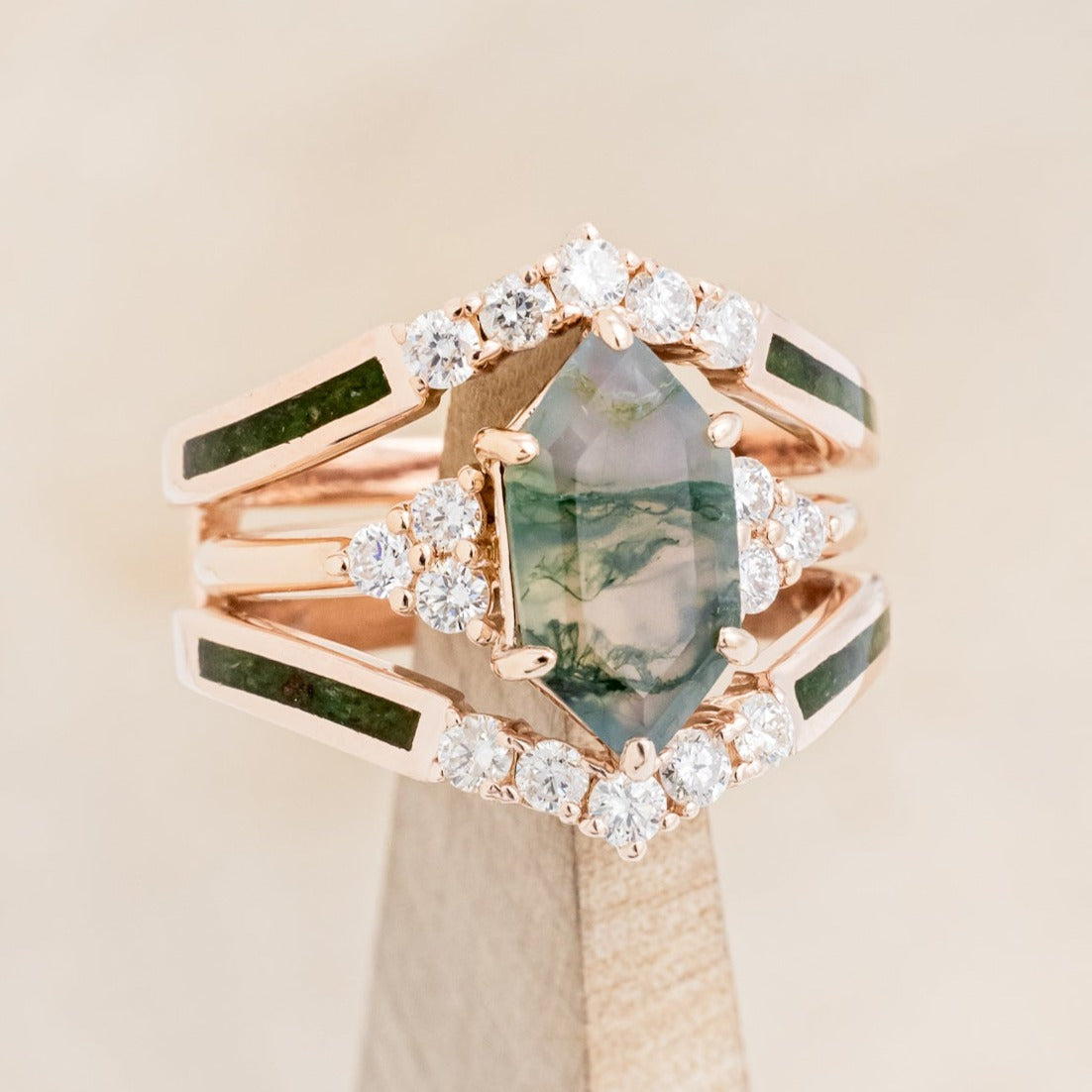 "OCTAVIA" - ELONGATED HEXAGON MOSS AGATE ENGAGEMENT RING WITH DIAMOND ACCENTS & RING GUARD-1