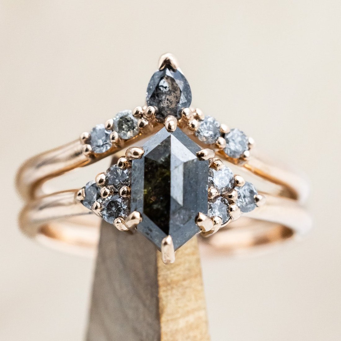 "OCTAVIA" - ELONGATED HEXAGON ROSECUT SALT & PEPPER DIAMOND ENGAGEMENT RING & TRACER-Staghead Designs