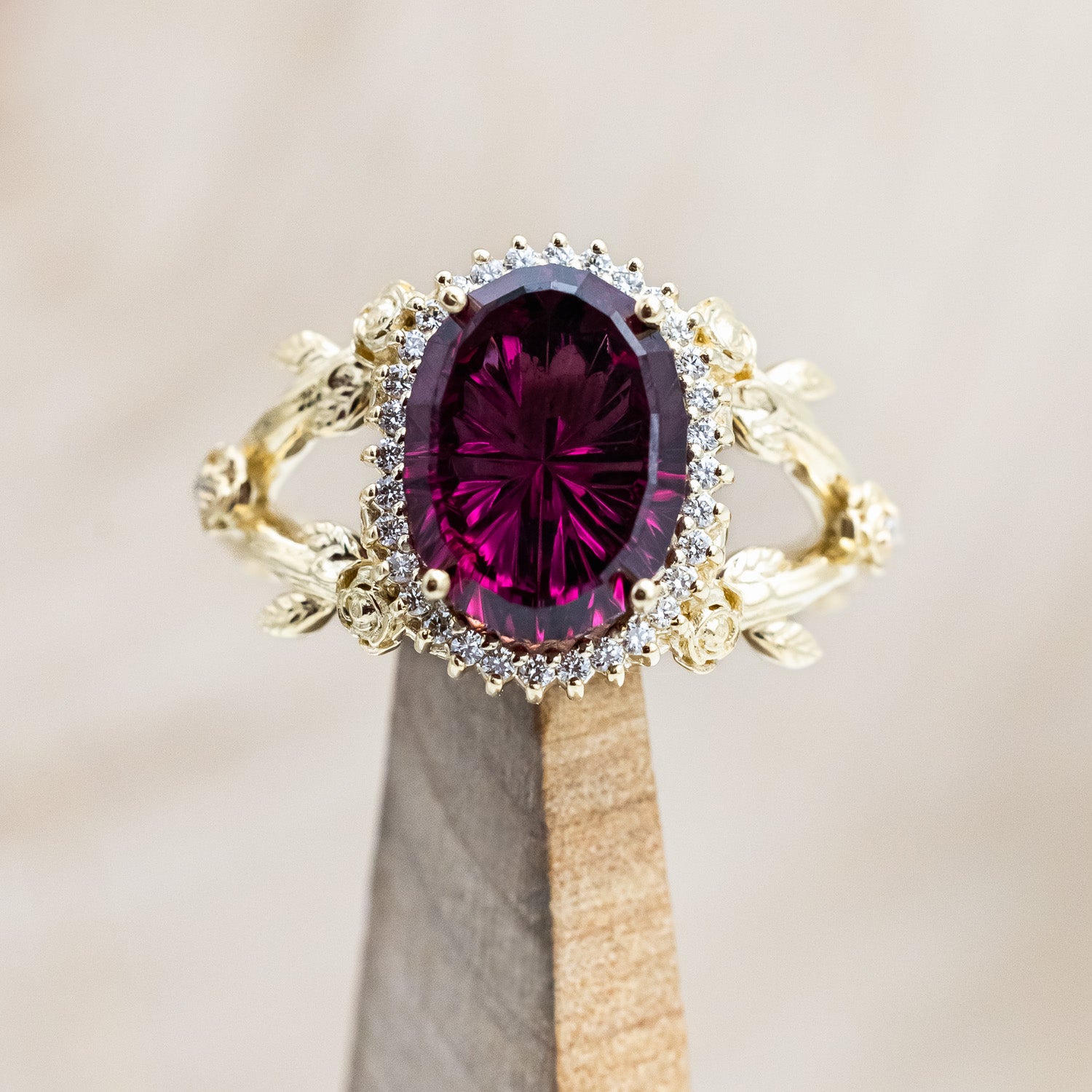 ONE-OF-A-KIND - "HALINA" - STARBRITE OVAL CUT RHODOLITE GARNET ENGAGEMENT RING WITH DIAMOND ACCENTS-Staghead Designs