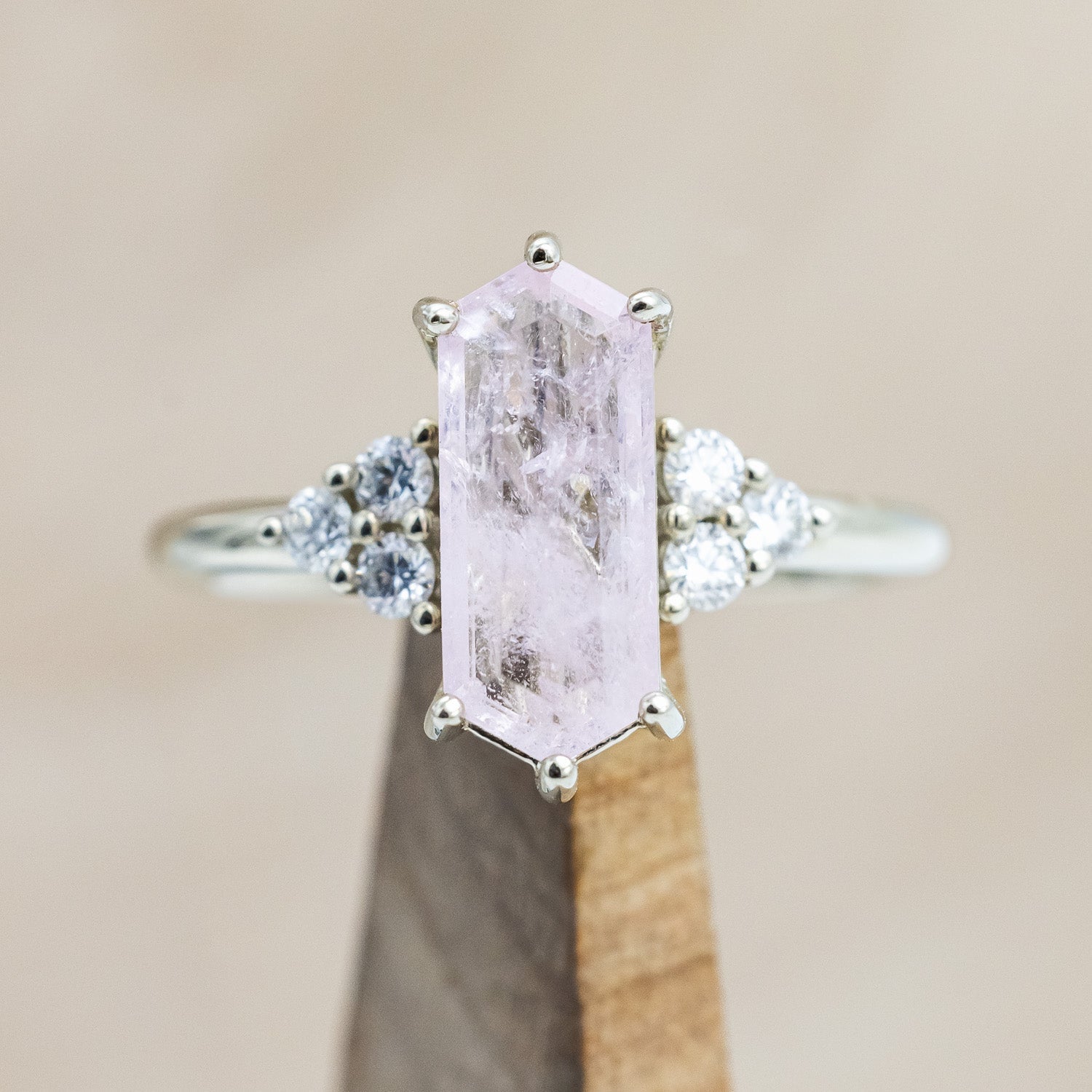 ONE-OF-A-KIND - "OCTAVIA" - ELONGATED HEXAGON CUT MORGANITE ENGAGEMENT RING WITH DIAMOND ACCENTS-Staghead Designs