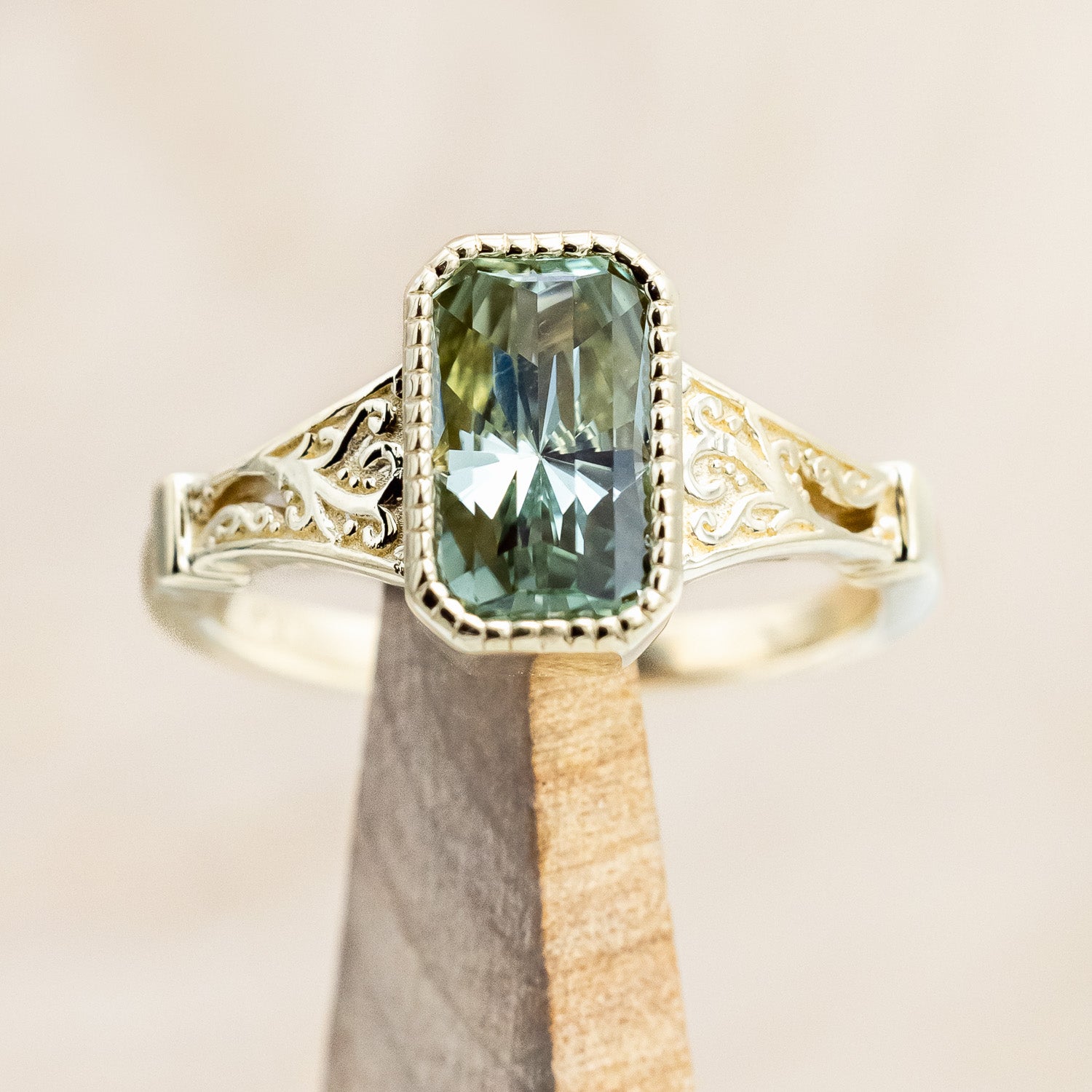 ONE-OF-A-KIND - "SELENE" - RADIANT CUT NATURAL GREEN SAPPHIRE ENGAGEMENT RING-Staghead Designs