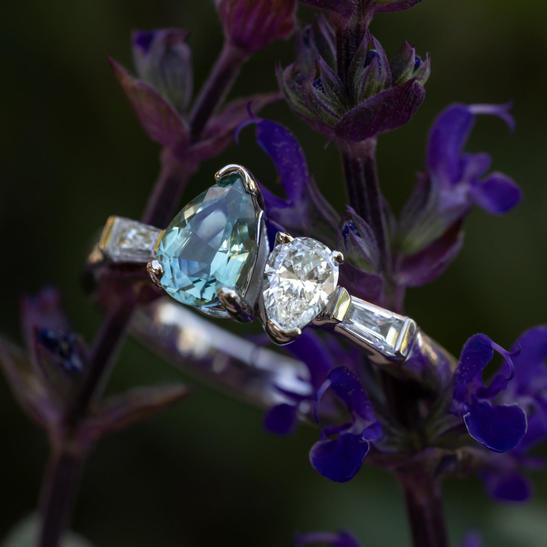 White gold ring with a pear blue sapphire and a pear diamond on purple flowers