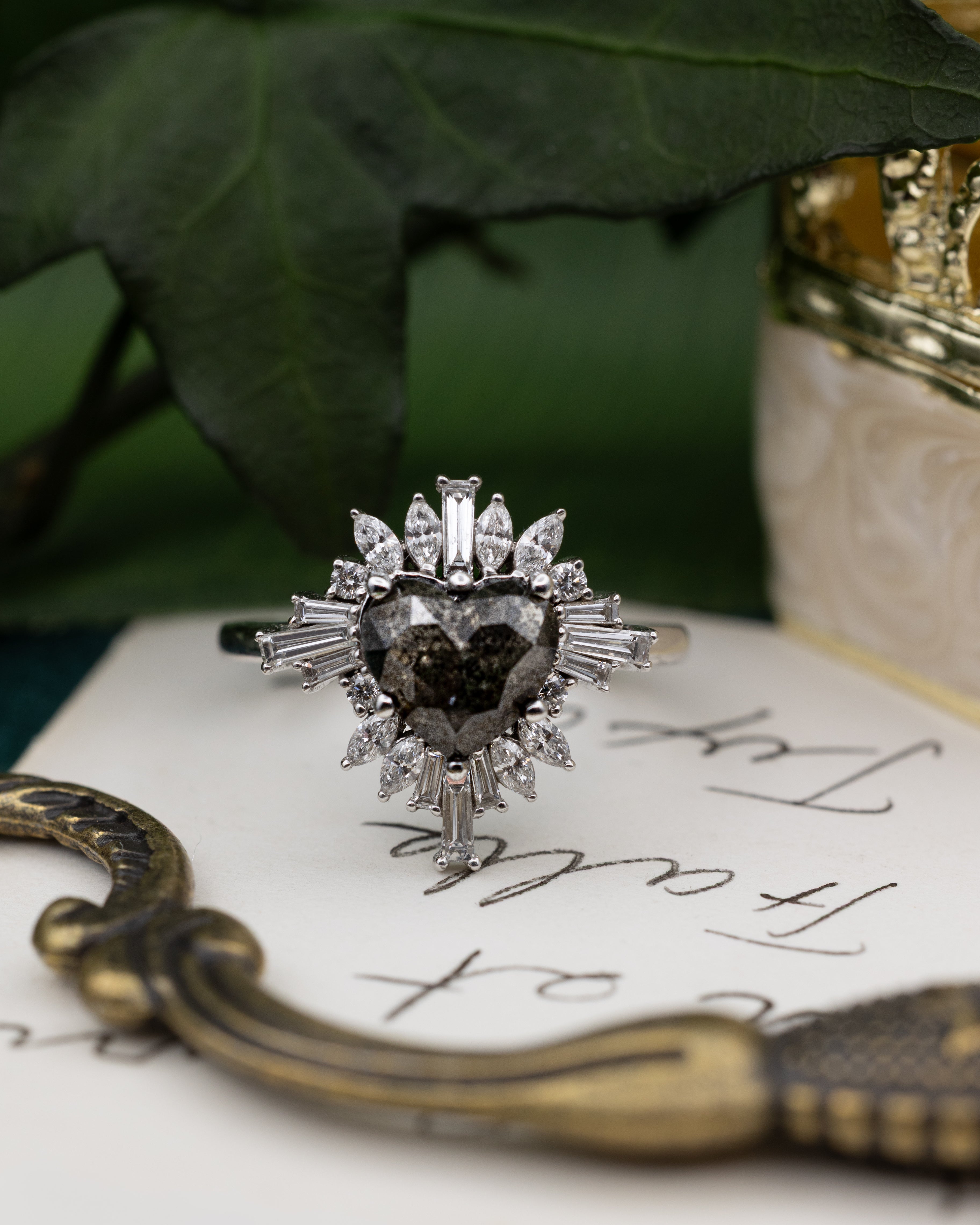 Heart-shaped salt & pepper diamond ring on a piece of paper with decorative elements