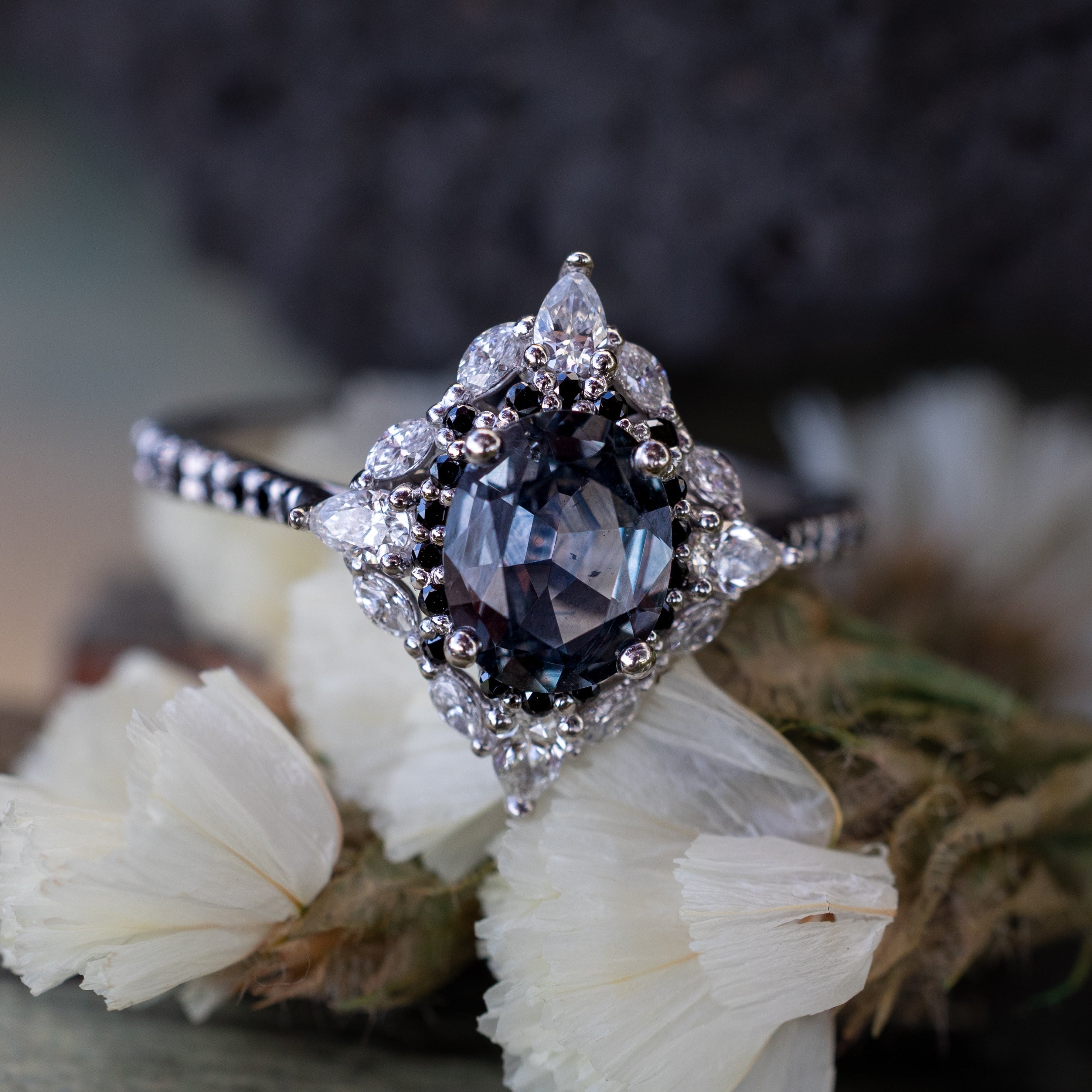 ONE-OF-A-KIND - "NORTH STAR" - OVAL CUT MONTANA SAPPHIRE ENGAGEMENT RING WITH DIAMOND HALO & BLACK DIAMOND ACCENTS-Staghead Designs