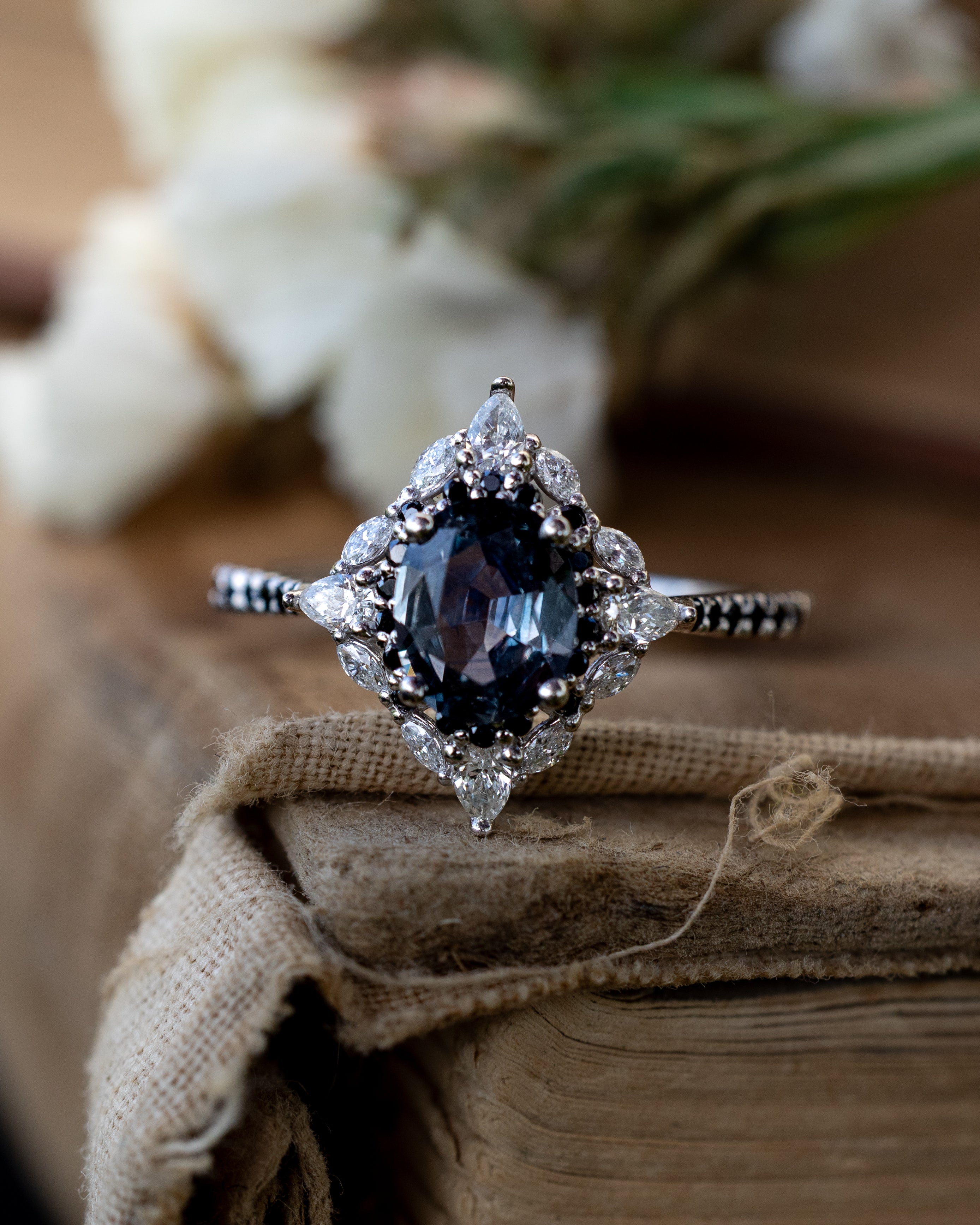 ONE-OF-A-KIND - "NORTH STAR" - OVAL CUT MONTANA SAPPHIRE ENGAGEMENT RING WITH DIAMOND HALO & BLACK DIAMOND ACCENTS-Staghead Designs