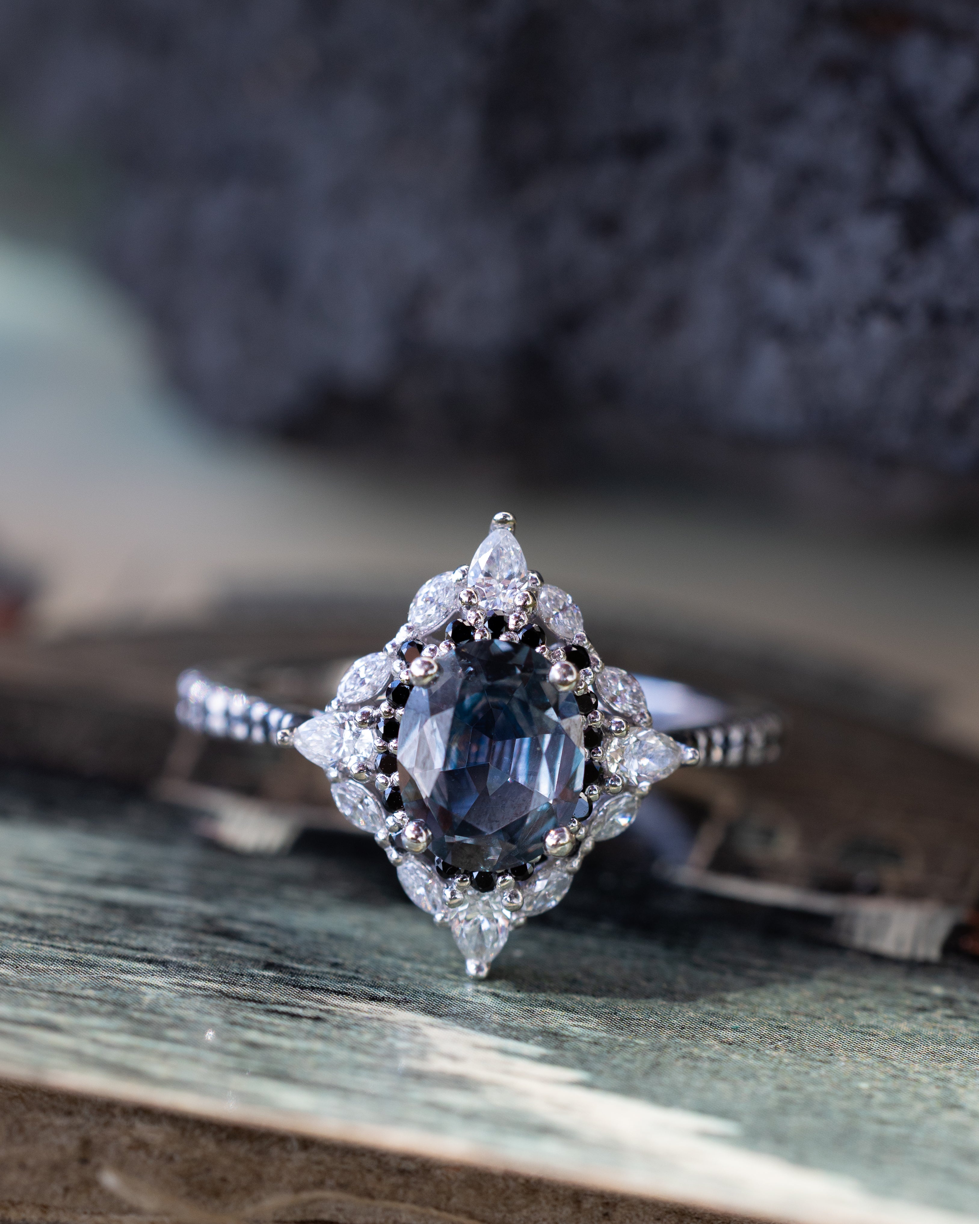 ONE-OF-A-KIND - "NORTH STAR" - OVAL CUT MONTANA SAPPHIRE ENGAGEMENT RING WITH DIAMOND HALO & BLACK DIAMOND ACCENTS-Staghead Designs