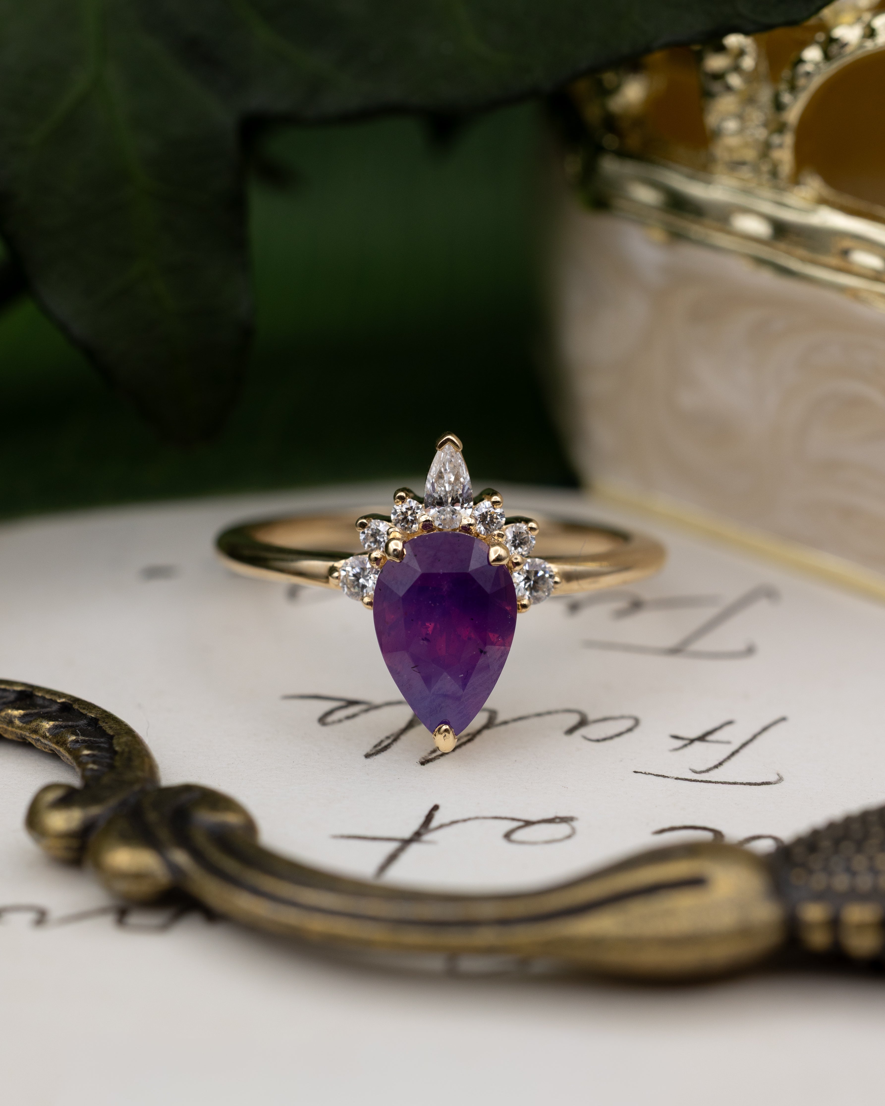 ONE-OF-A-KIND - "PHAEDRA" - PEAR BRILLIANT CUT SRI LANKA SAPPHIRE ENGAGEMENT RING WITH DIAMOND ACCENTS-Staghead Designs