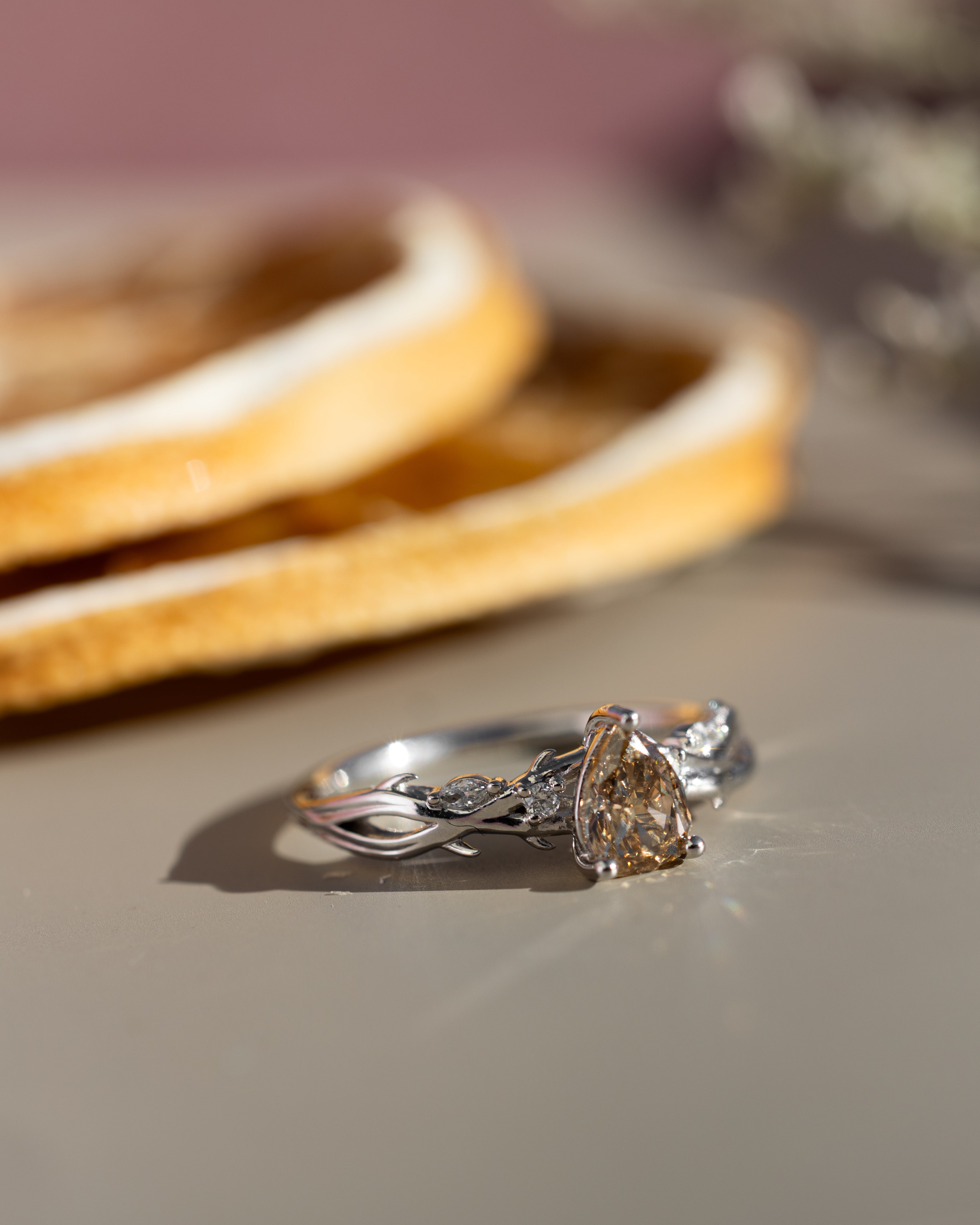 ONE-OF-A-KIND - "TRISTAN" - PEAR CUT CHAMPAGNE DIAMOND ENGAGEMENT RING WITH DIAMOND ACCENTS & BRANCH-STYLE BAND-Staghead Designs