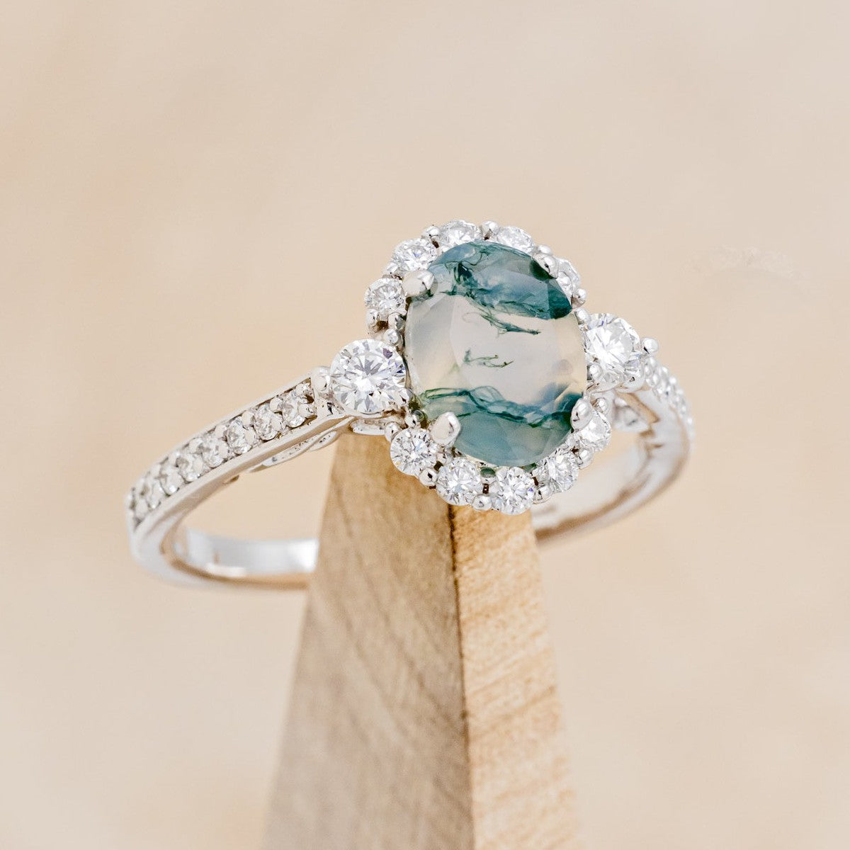 "OPHELIA" - OVAL MOSS AGATE ENGAGEMENT RING WITH DIAMOND HALO & ACCENTS-1