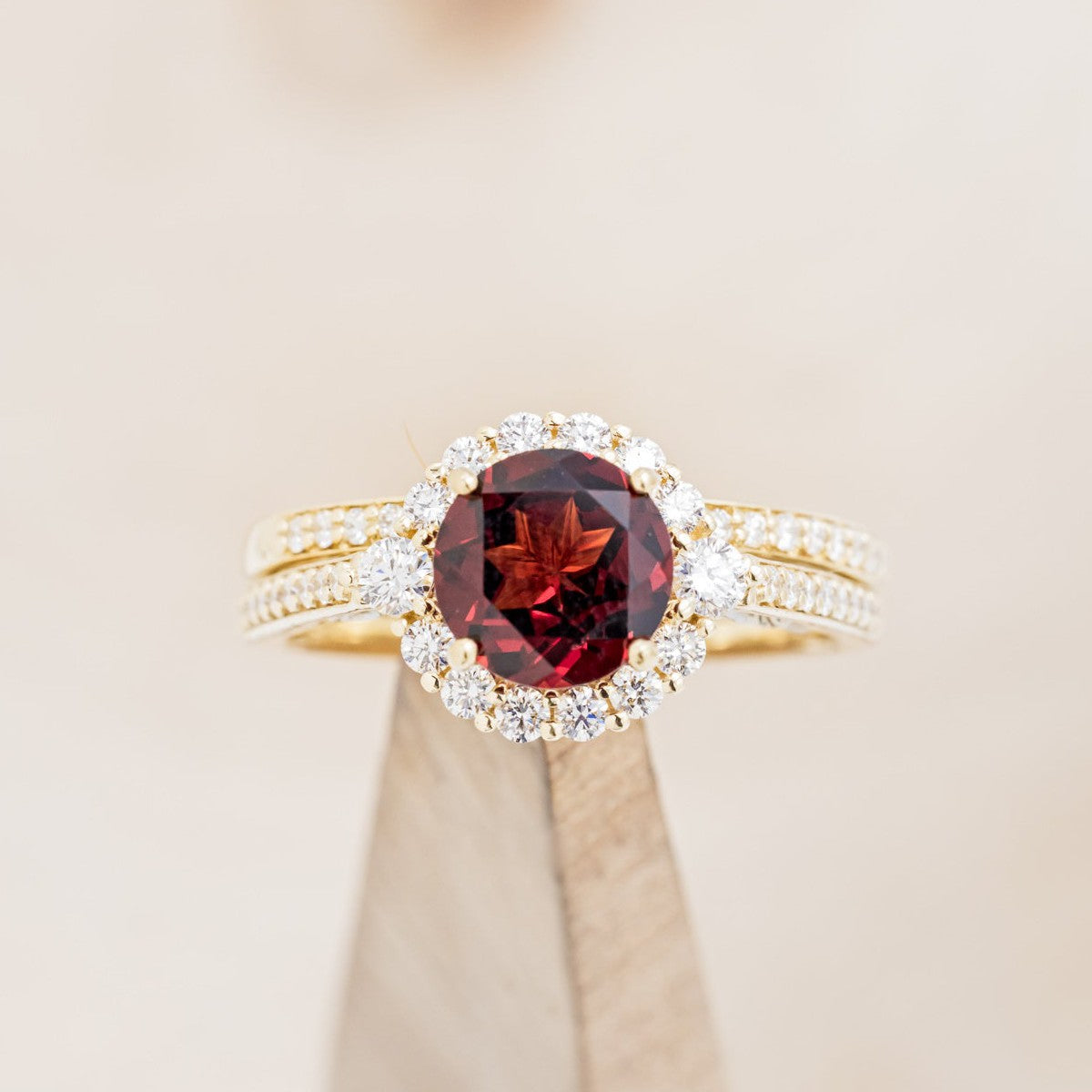 "OPHELIA" - ROUND CUT GARNET ENGAGEMENT RING WITH DIAMOND HALO, ACCENTS & DIAMOND TRACER-1