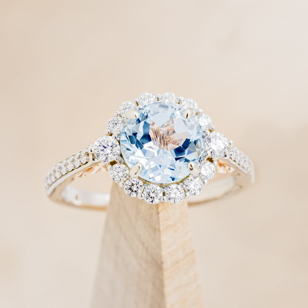 "OPHELIA" - ROUND CUT SKY BLUE TOPAZ ENGAGEMENT RING WITH DIAMOND HALO & ACCENTS-1