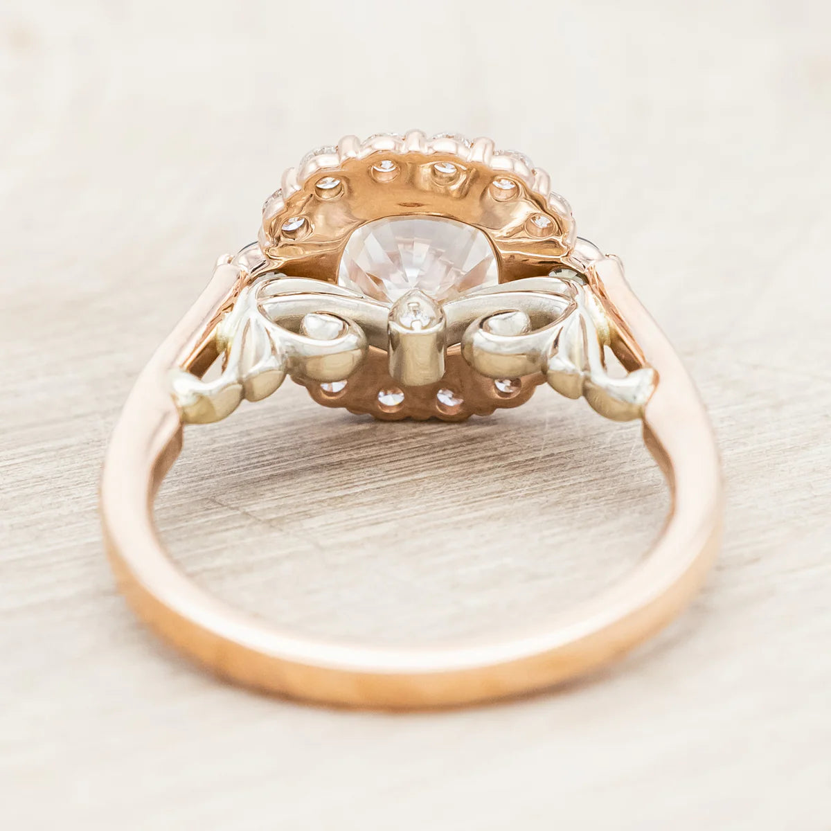 "Ophelia" - Cushion Cut Lab-Grown Diamond Engagement Ring With A Diamond & Montana Sapphire Halo - 14K Rose Gold - Size 7