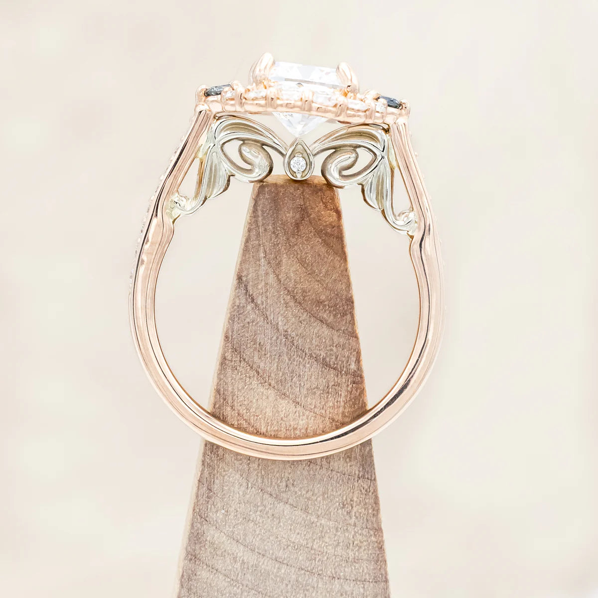 "Ophelia" - Cushion Cut Lab-Grown Diamond Engagement Ring With A Diamond & Montana Sapphire Halo - 14K Rose Gold - Size 7