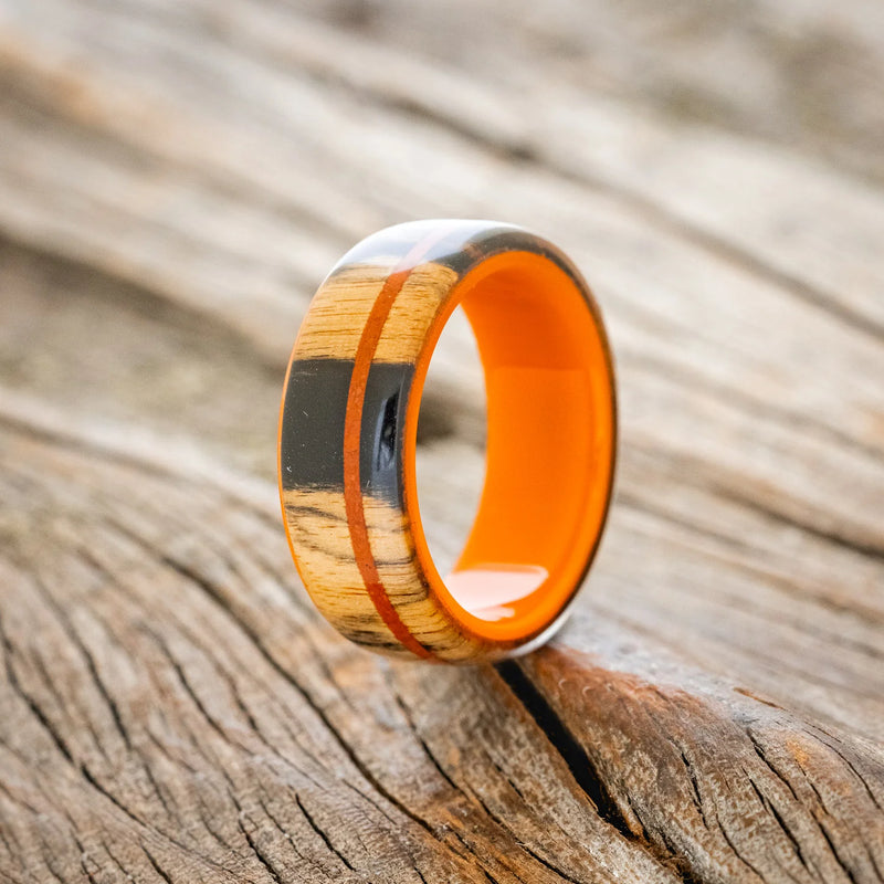 "REMMY" - BLACK & WHITE EBONY WOOD WITH JASPER WEDDING RING - ORANGE ACRYLIC LINING - SIZE 8 1/2-1