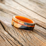 "REMMY" - BLACK & WHITE EBONY WOOD WITH JASPER WEDDING RING - ORANGE ACRYLIC LINING - SIZE 8 1/2-2