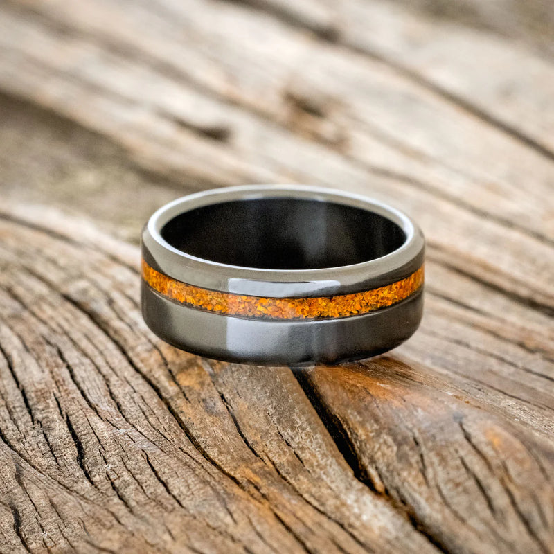 "VERTIGO" - ORANGE OPAL WEDDING BAND - BLACK ZIRCONIUM - SIZE 7 1/2-3