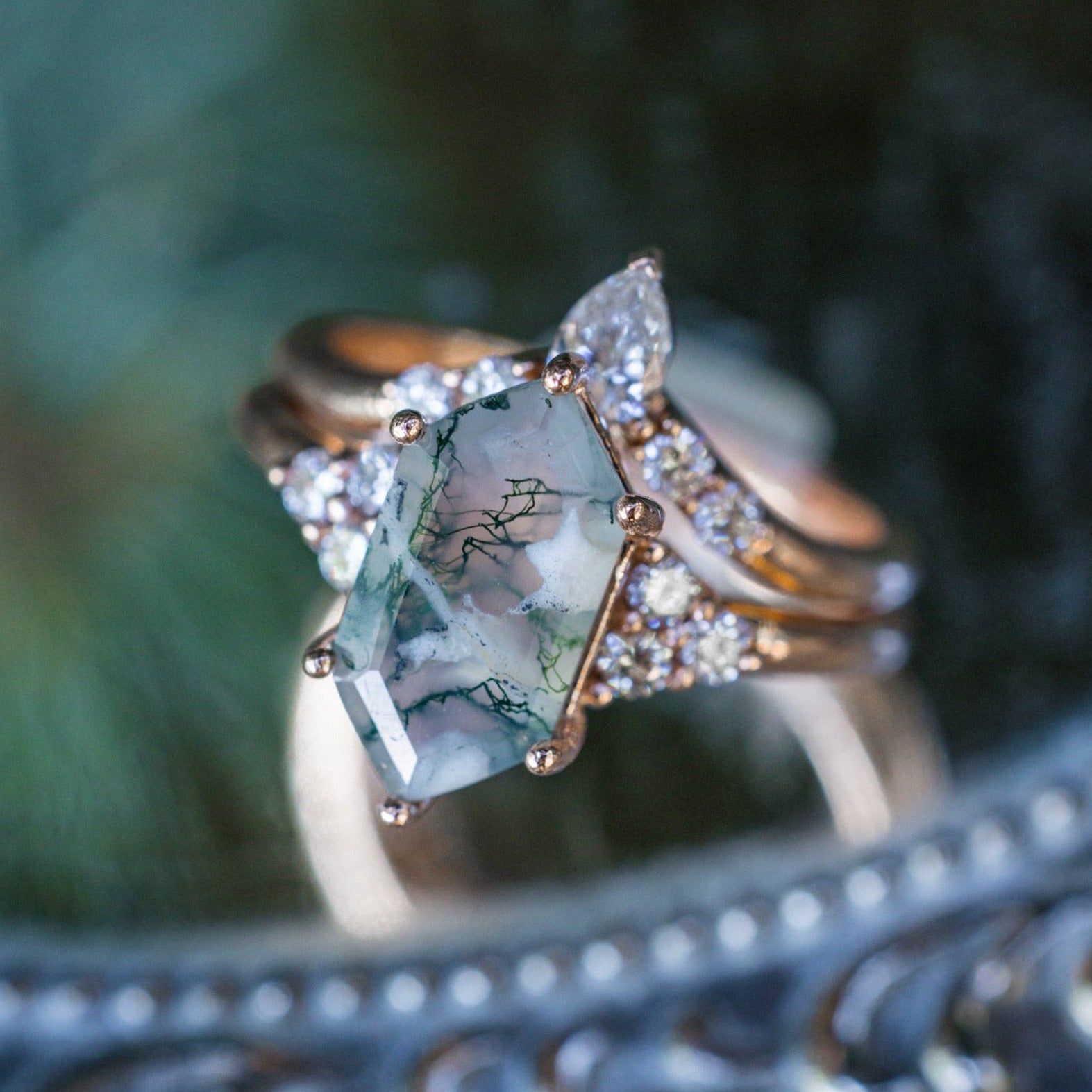 "OCTAVIA" - ELONGATED HEXAGON CUT MOSS AGATE ENGAGEMENT RING WITH DIAMOND ACCENTS & TRACER-Staghead Designs