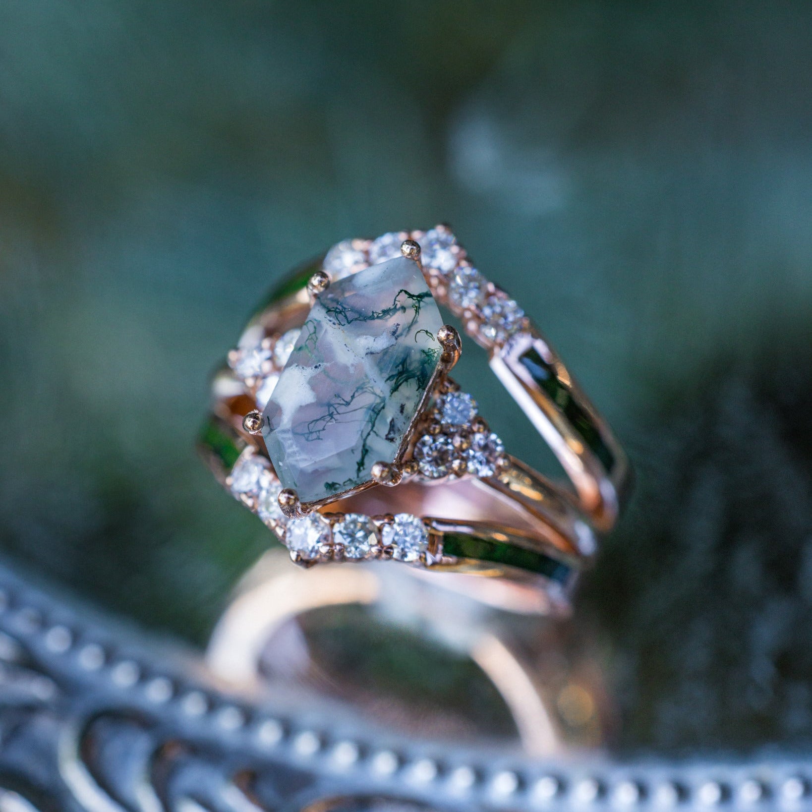 "OCTAVIA" - ELONGATED HEXAGON CUT MOSS AGATE ENGAGEMENT RING WITH DIAMOND ACCENTS & RING GUARD-Staghead Designs