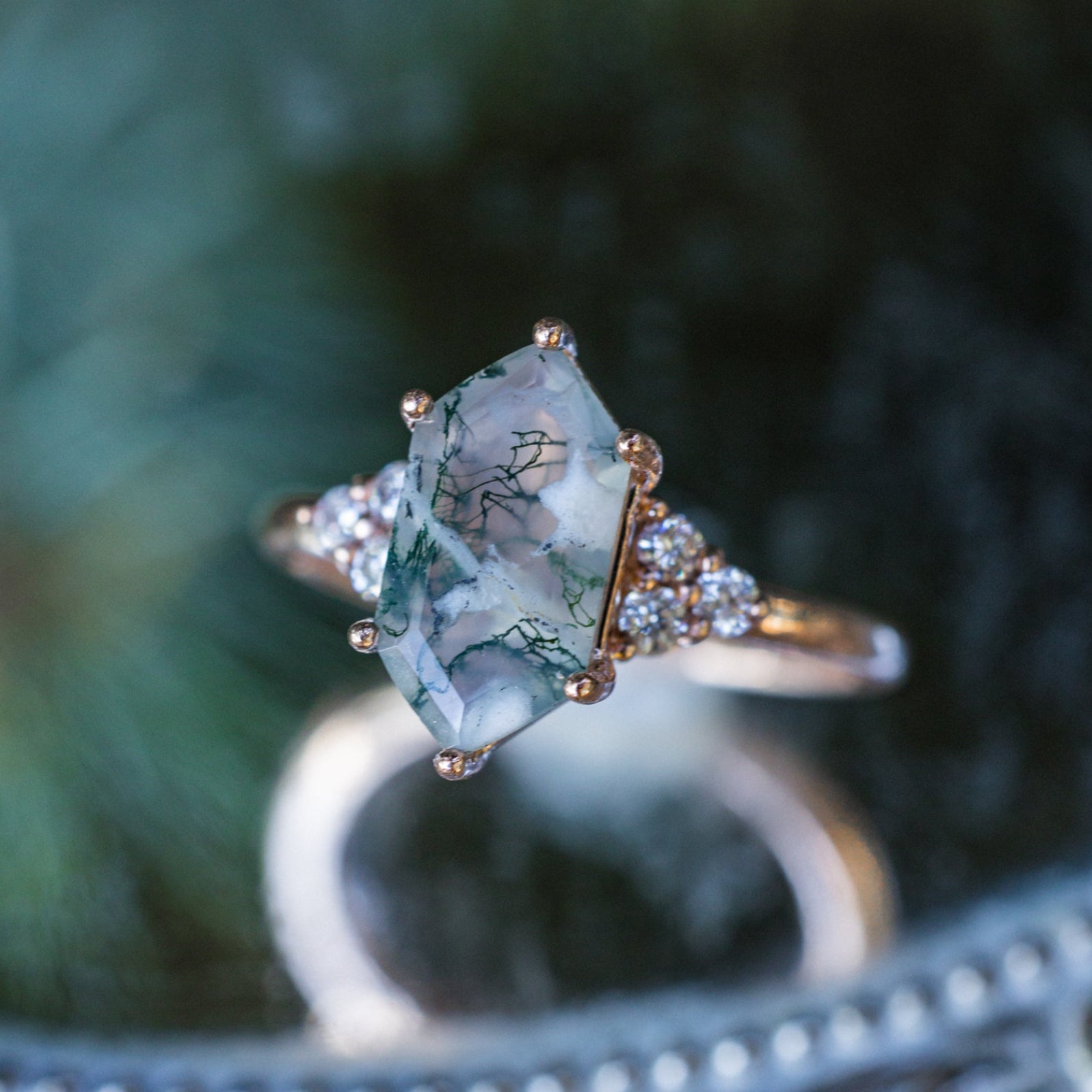 "OCTAVIA" - ELONGATED HEXAGON CUT MOSS AGATE ENGAGEMENT RING WITH DIAMOND ACCENTS - READY TO SHIP-Staghead Designs