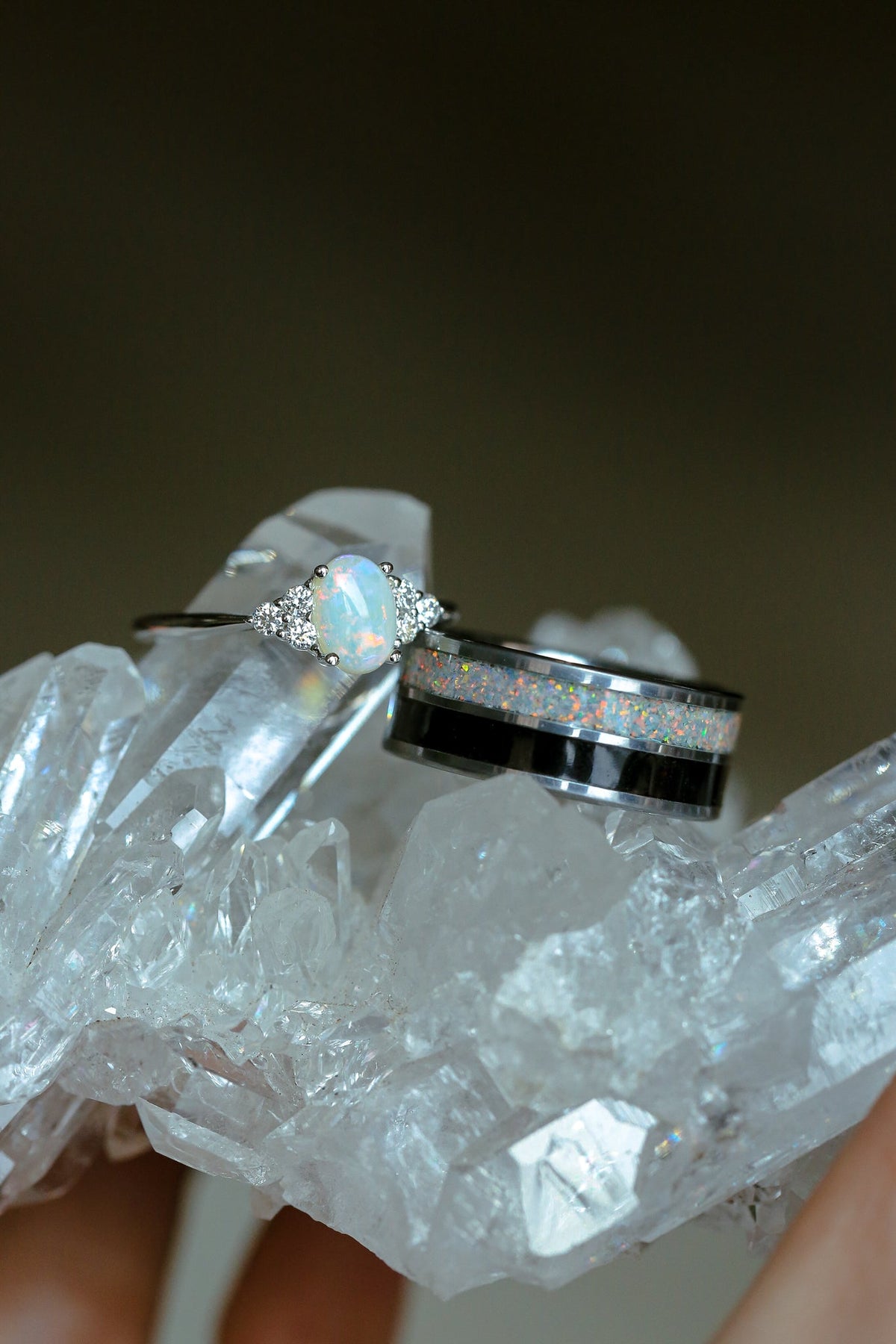 "DYAD" - FIRE AND ICE OPAL & JET STONE WEDDING BAND-4