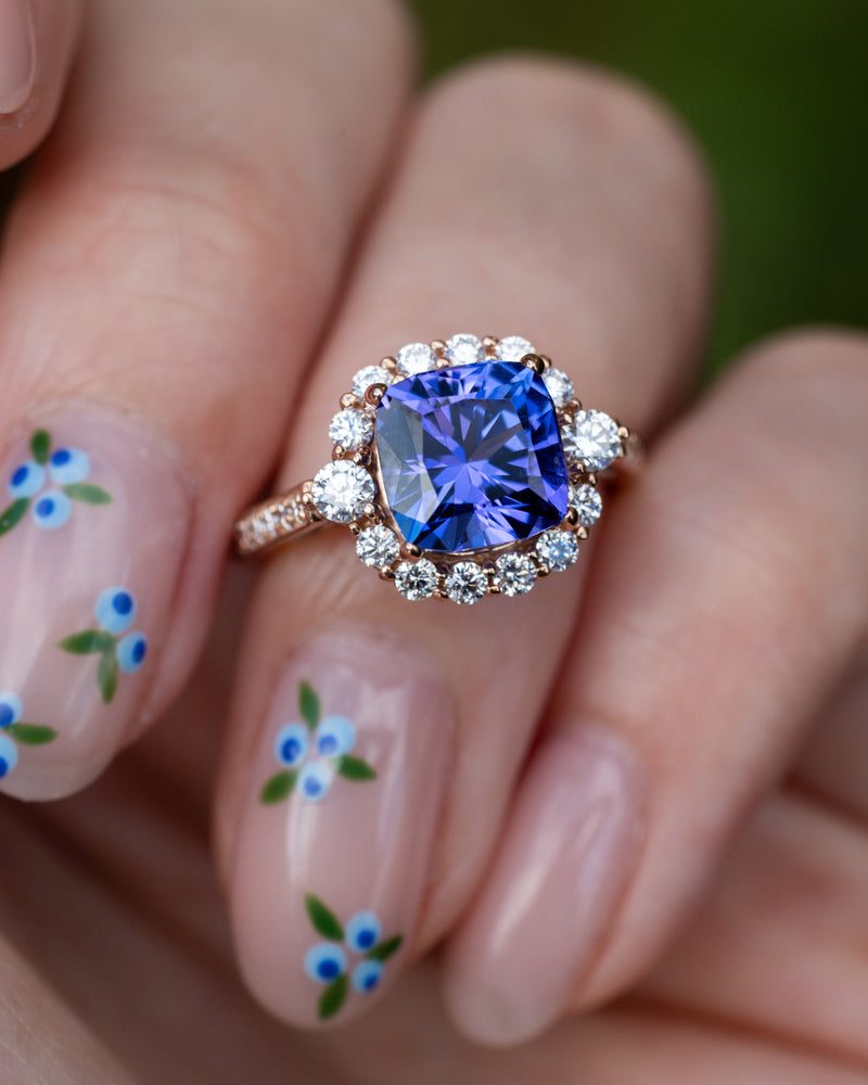 "OPHELIA" - CUSHION CUT TANZANITE ENGAGEMENT RING WITH DIAMOND HALO & ACCENTS - 14K ROSE GOLD & 14K WHITE GOLD - SIZE 4 1/2-Staghead Designs